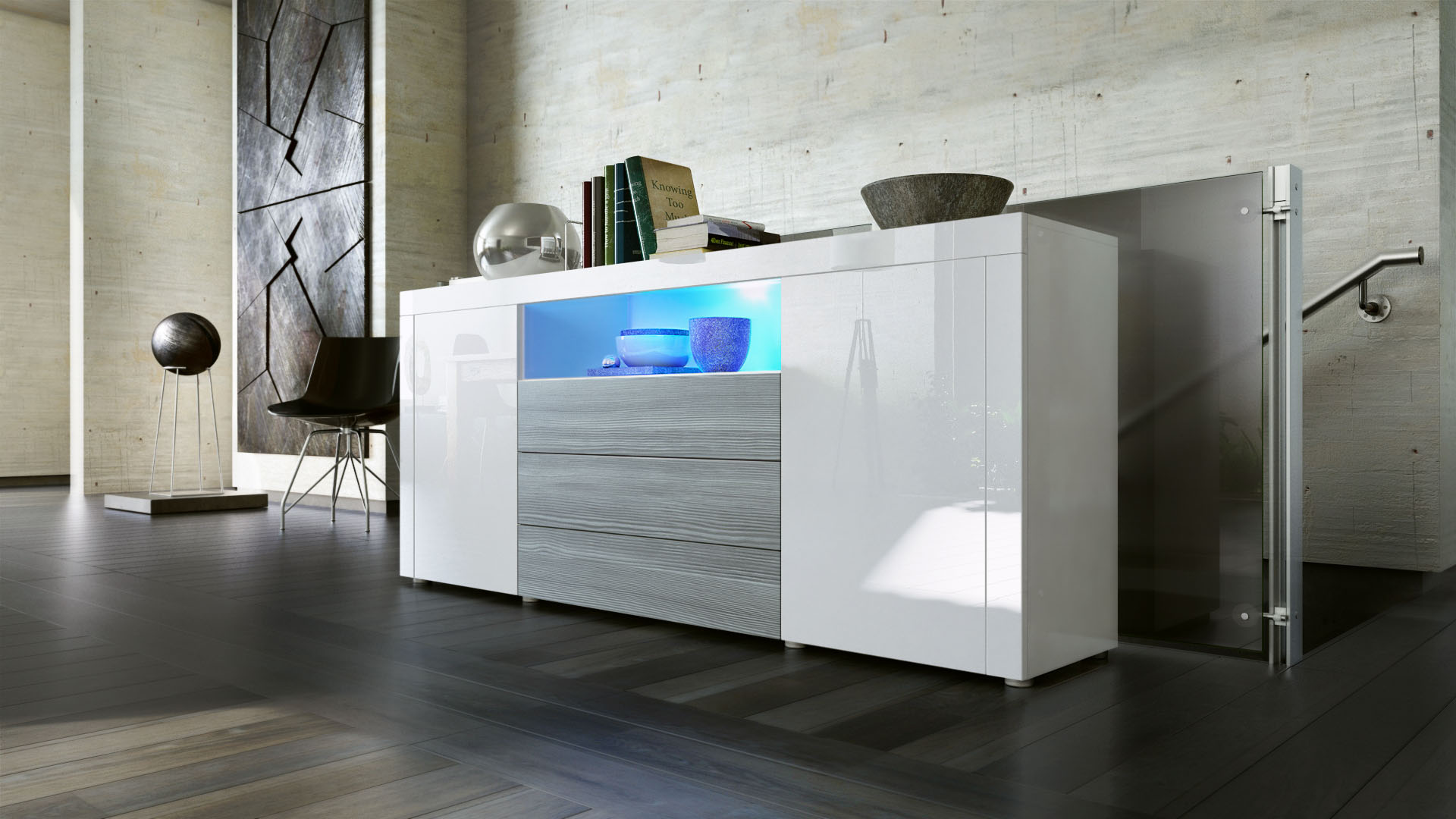 Sideboard Santiago mit 2 großen Türen und 3 Schubladen inkl. LED Weiß Hochglanz/Avola-Anthrazit (167 x 72 x 35 cm)