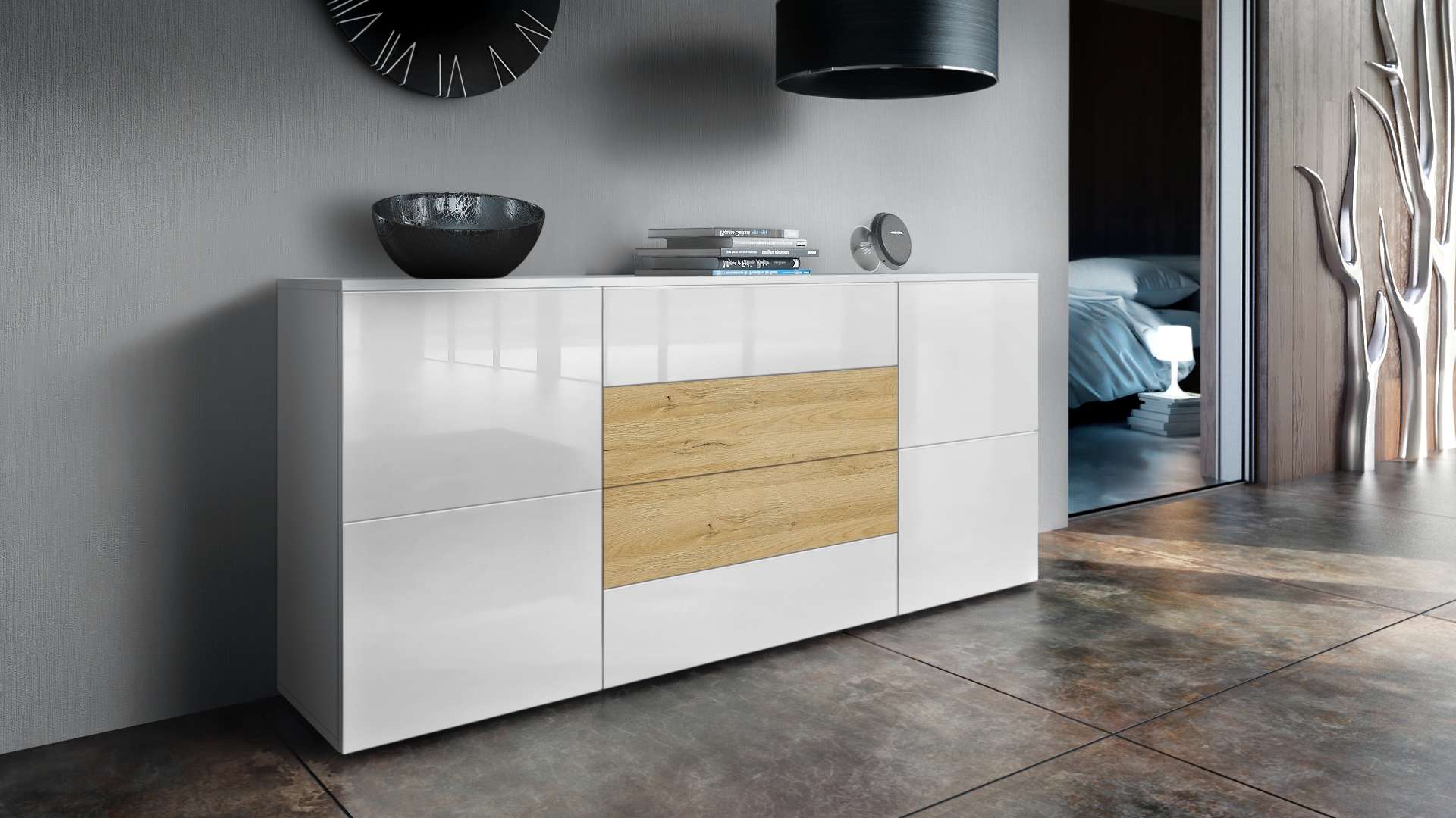 Sideboard Rova mit 4 Türen und 4 Schubladen  Weiß matt/Weiß Hochglanz/Eiche Natur (166 x 72 x 35 cm)