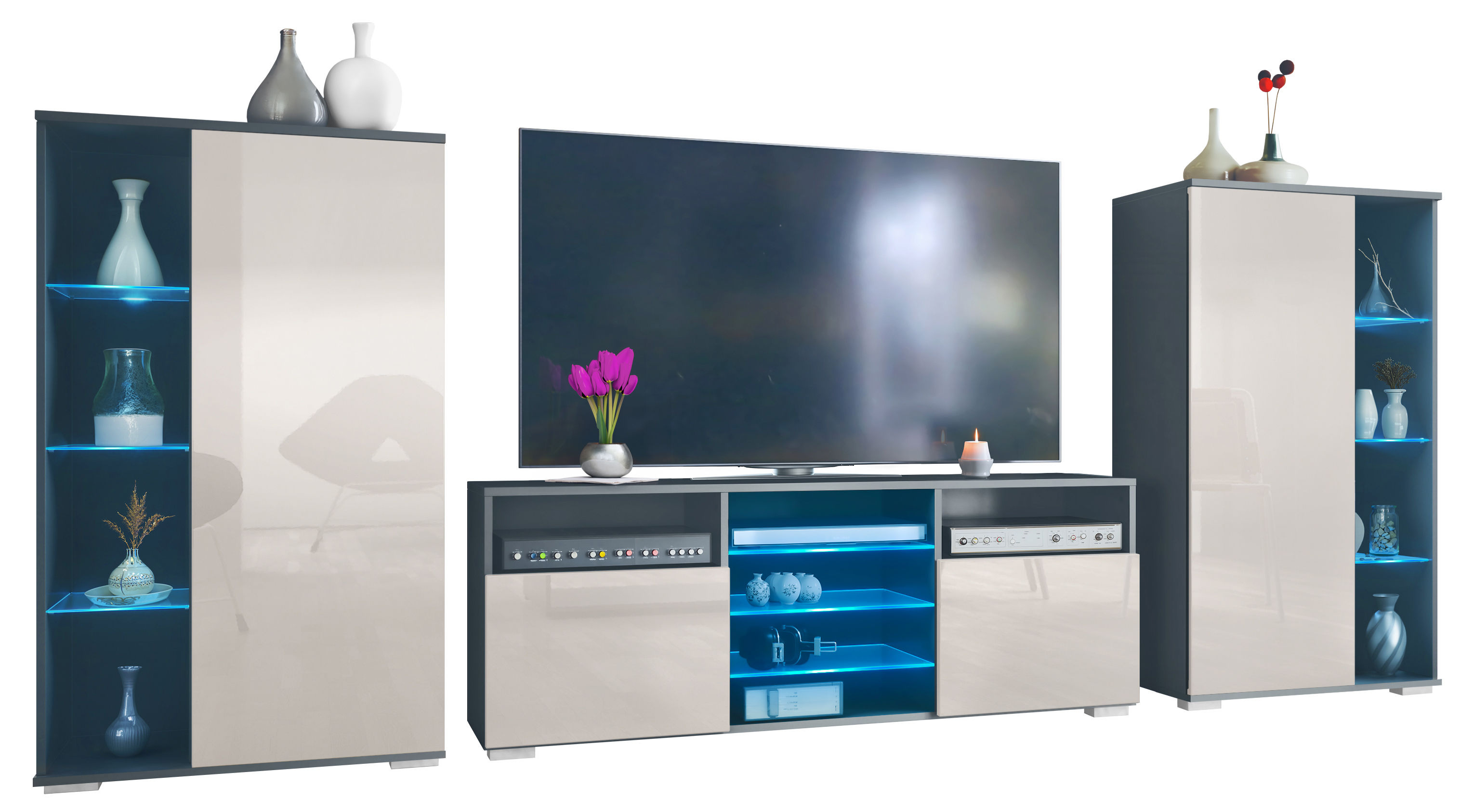 Wohnwand Davos LED 3-tlg. bestehend aus 2 Vitrinen, 1 TV-Board und LED-Beleuchtung Anthrazit matt/Sandgrau Hochglanz (329 x 134 x 35 cm)