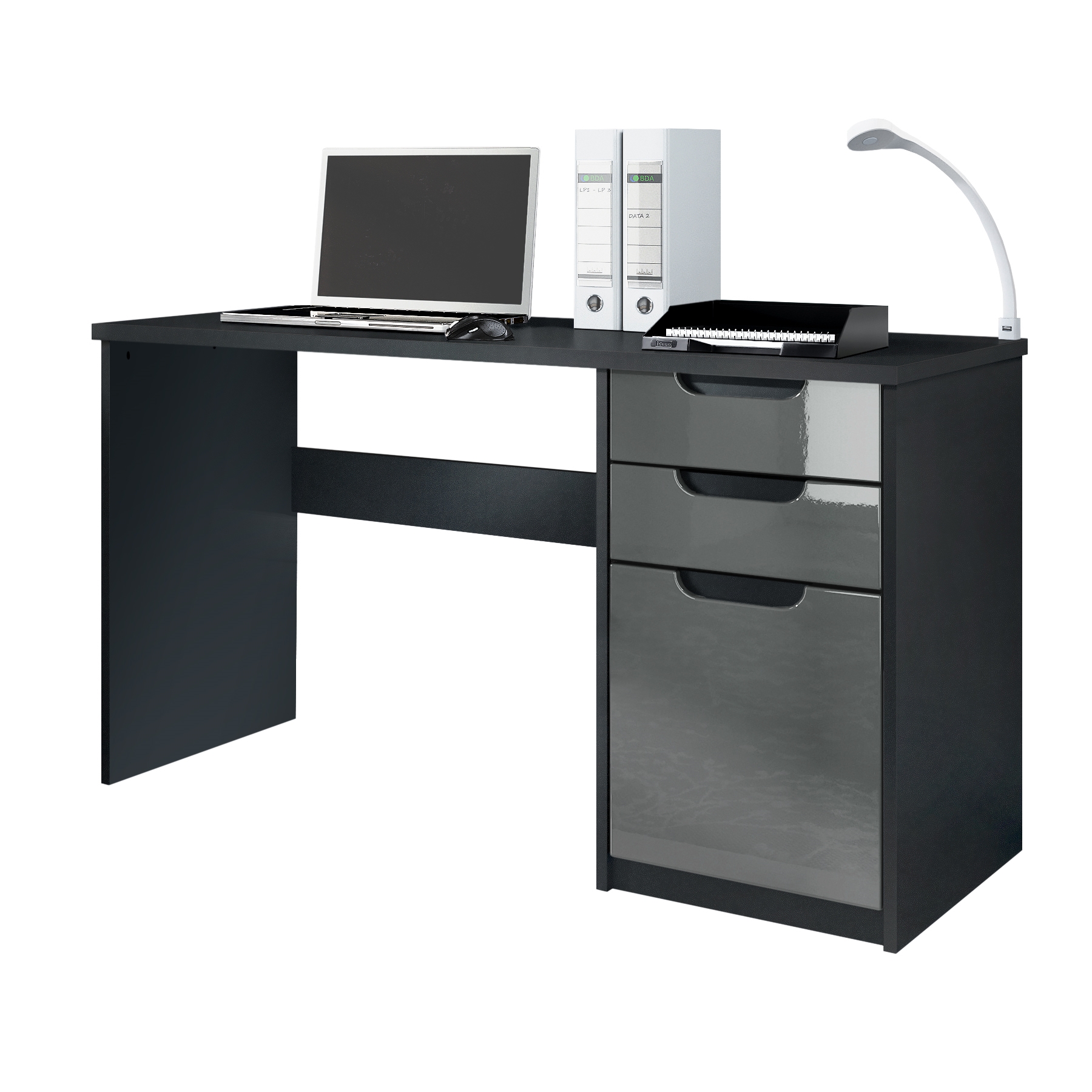 Schreibtisch Logan mit 2 Schubladen und 1 Tür Schwarz matt/Grau Hochglanz (129 x 76 x 60 cm)