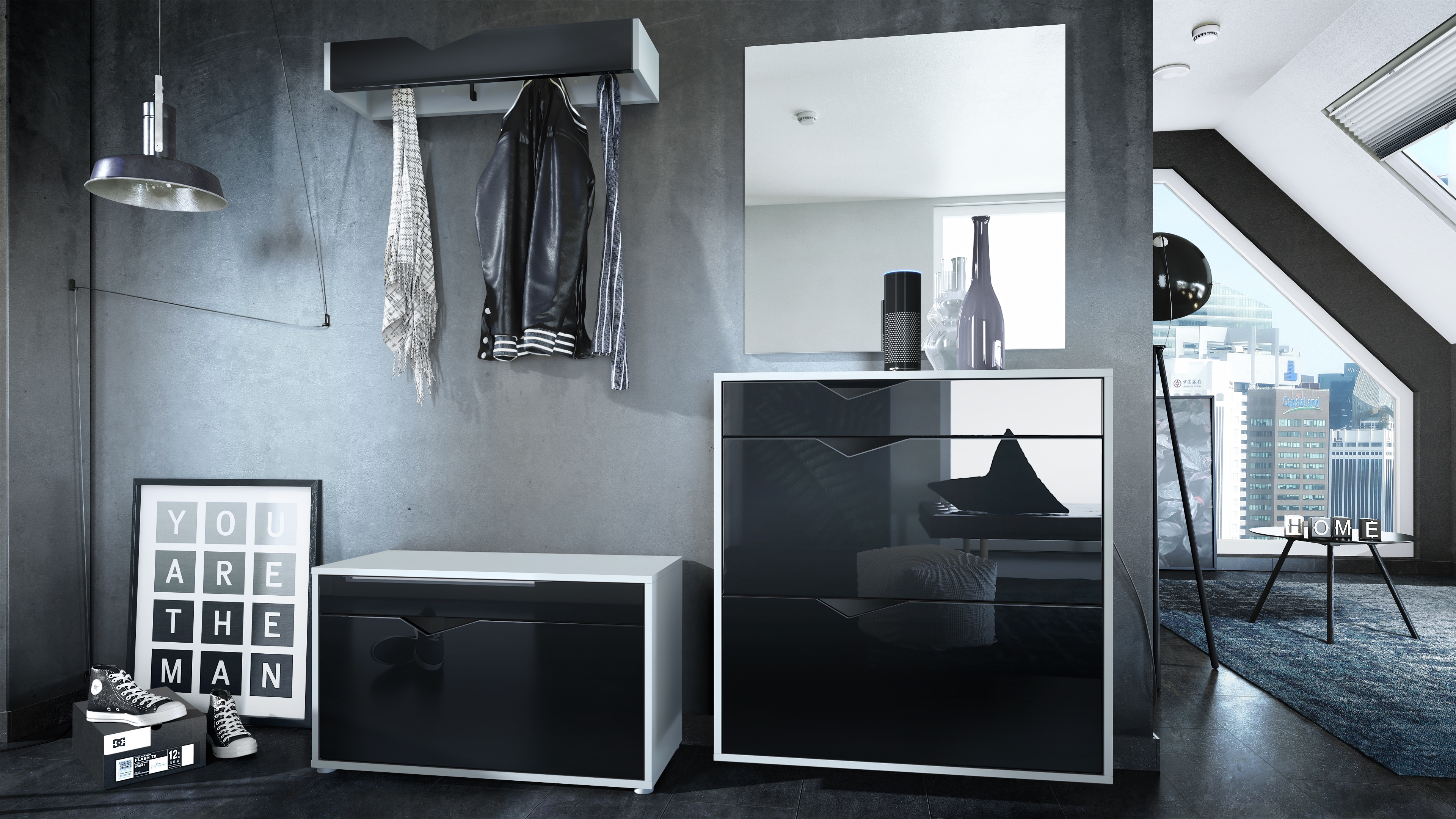 Garderobenset Kolmio 1 Schuhbank, 1 Spiegel und 1 Wandgarderobe Weiß matt/Schwarz Hochglanz (190 x 185 x 33 cm)