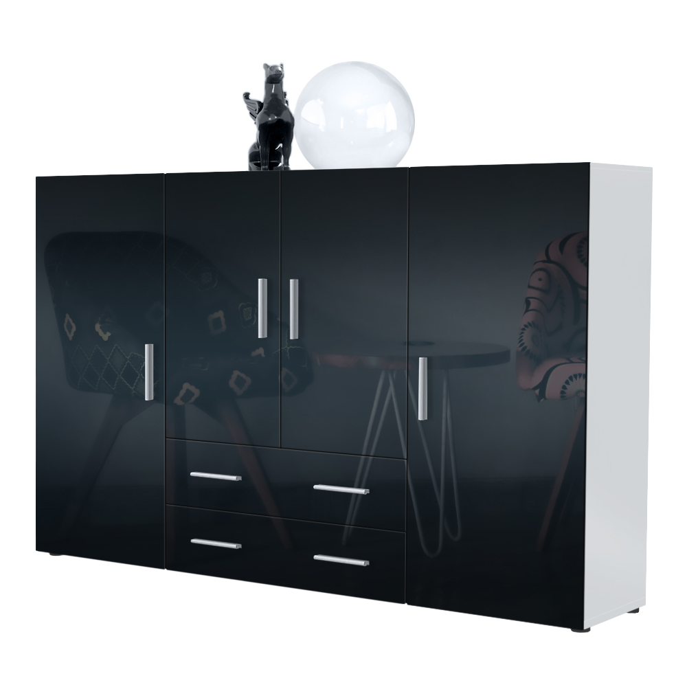 Highboard Nora und 4 Türen mit insgesamt 8 Fächer dahinter Weiß matt/Schwarz Hochglanz (166,5 x 106,5 x 35 cm)