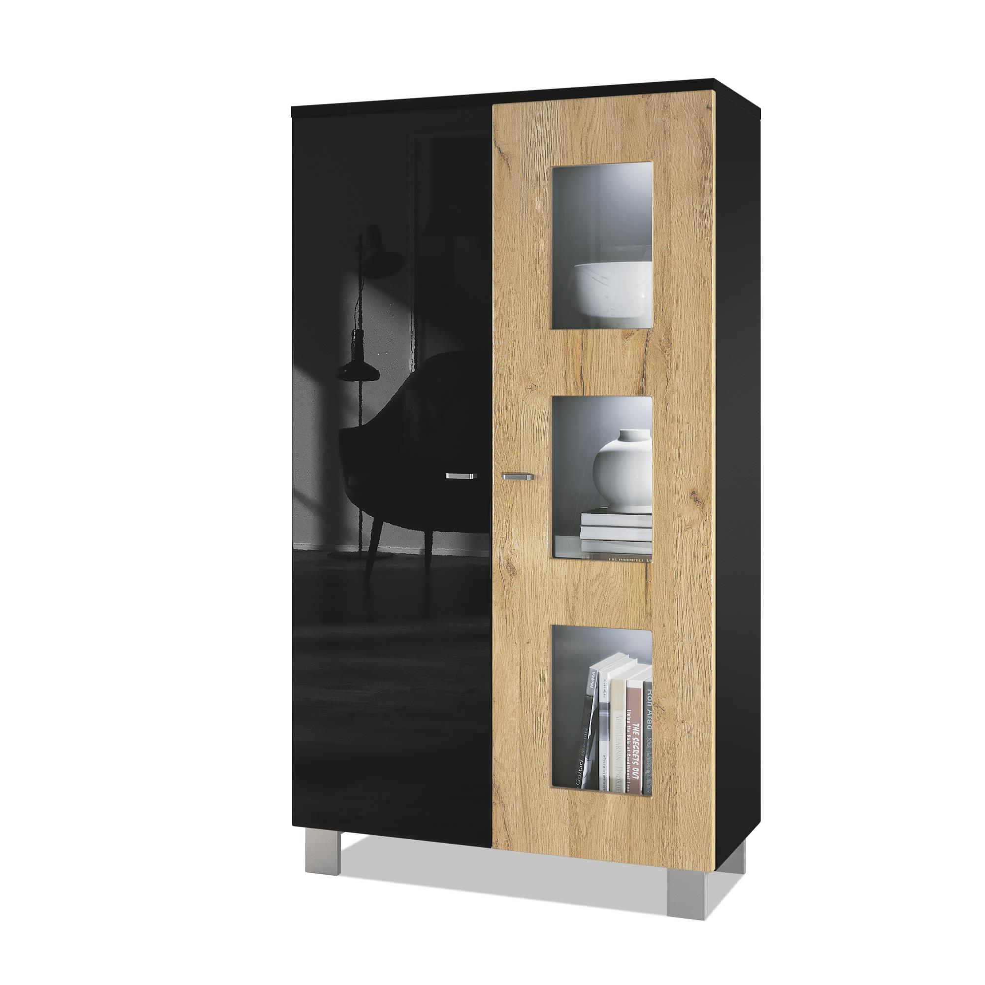 Vitrine Denjo  mit 2 Türen und 3 Glaseinsätzen Schwarz matt&glänzend/ Eiche Natur mit Beleuchtung (71x129x35 cm)