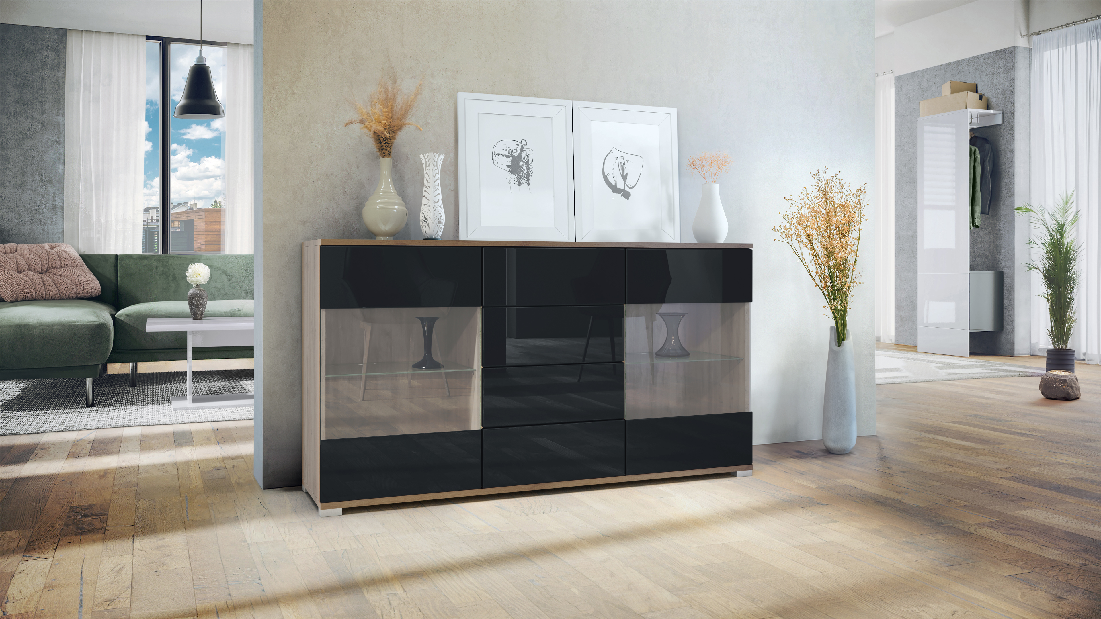 Sideboard Bari V1 Eiche Evoke 4 Schubladen und 2 flexible Glaseinlegeböden Eiche Evoke/Schwarz Hochglanz (138,5 x 75,5 x 35)