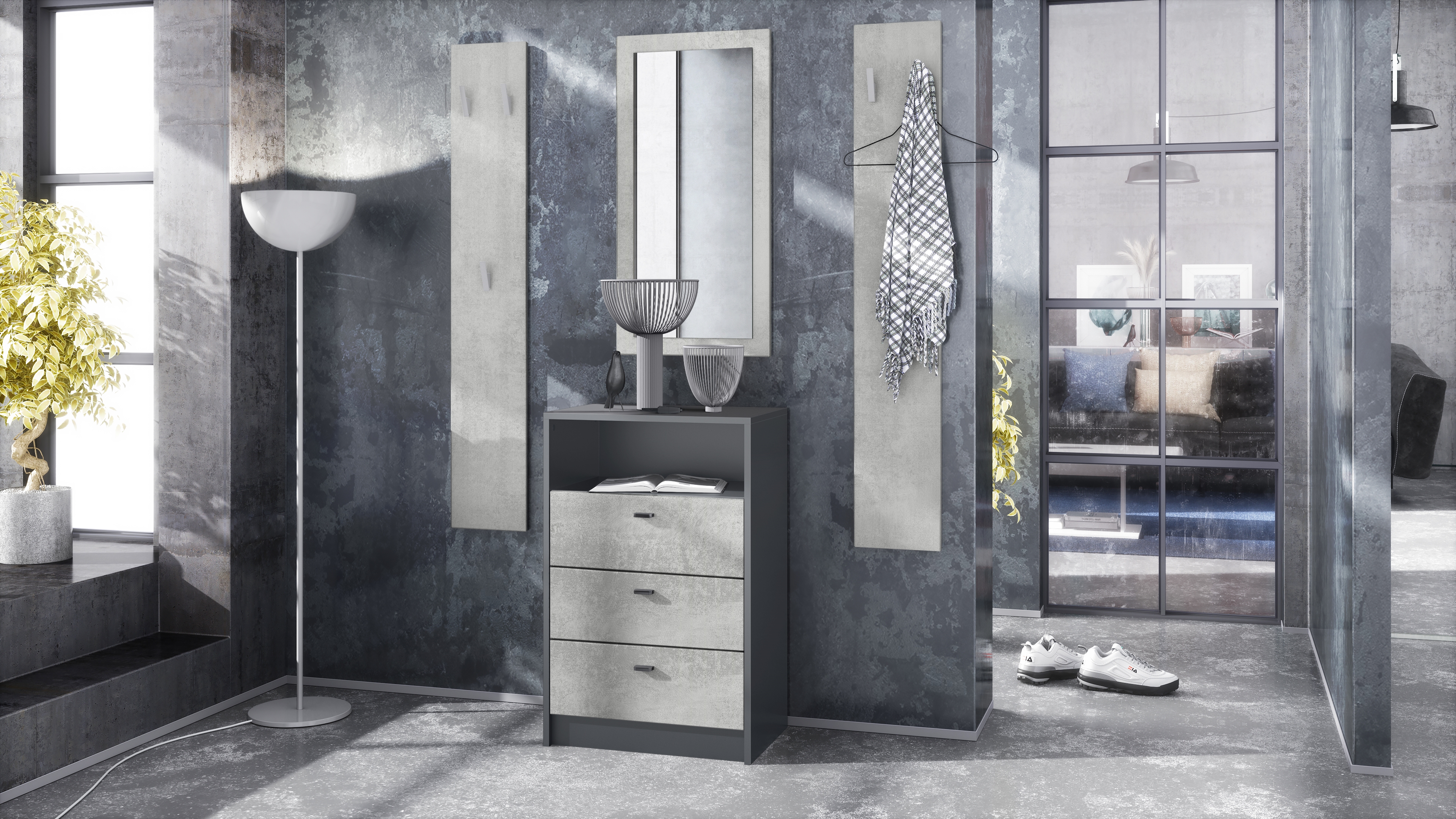 Pino V2 Garderobenset 4-tlg. Anthrazit 1 Wandspiegel und 2 Garderobenpaneele  Anthrazit matt/Beton Oxid Optik (ca. 135 x 190 x 36 cm)