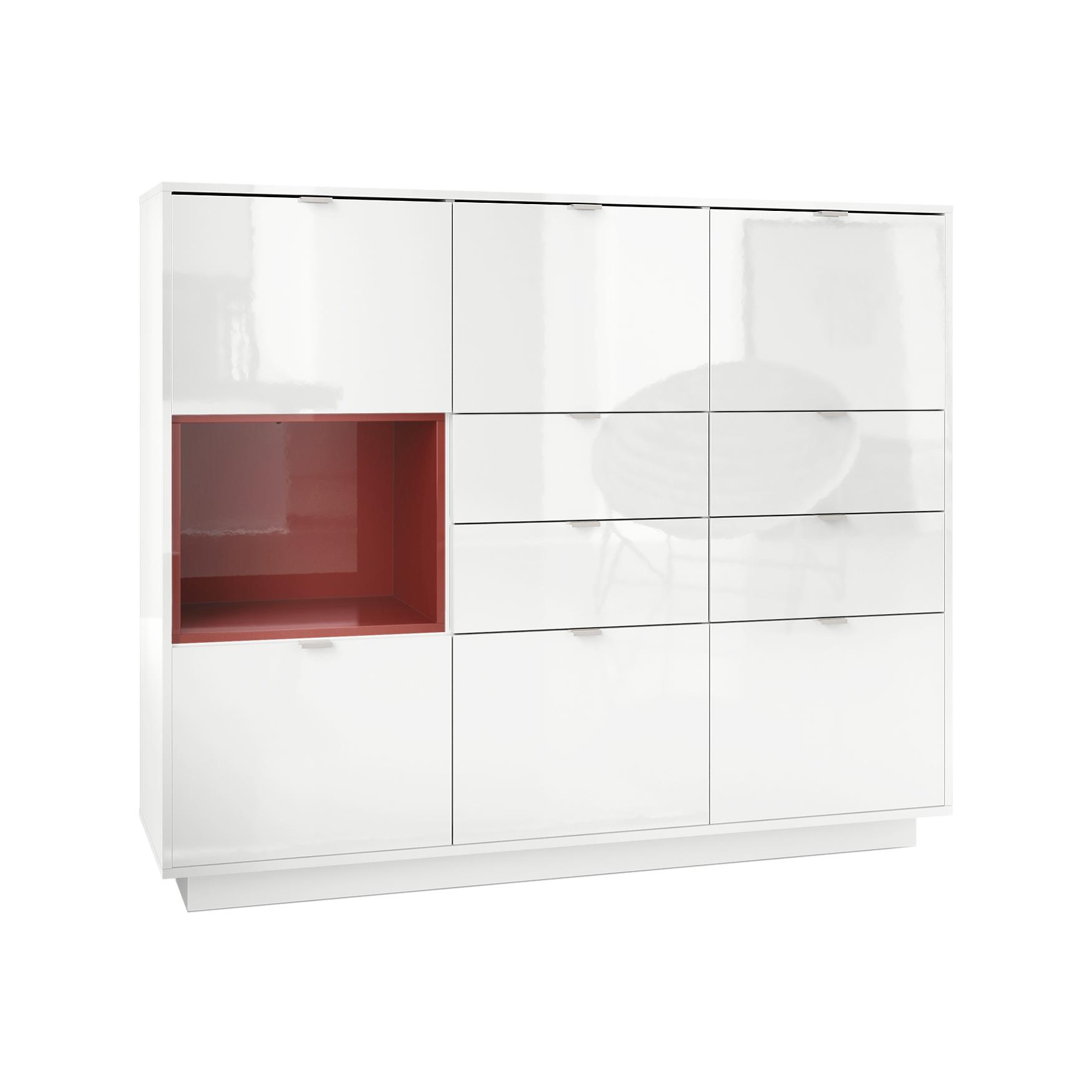 Highboard Metro V2  mit 6 Türen, 4 Schubladen und 1 offenem Fach Weiß Hochglanz/Bordeaux Hochglanz (153 x 123 x 38 cm)