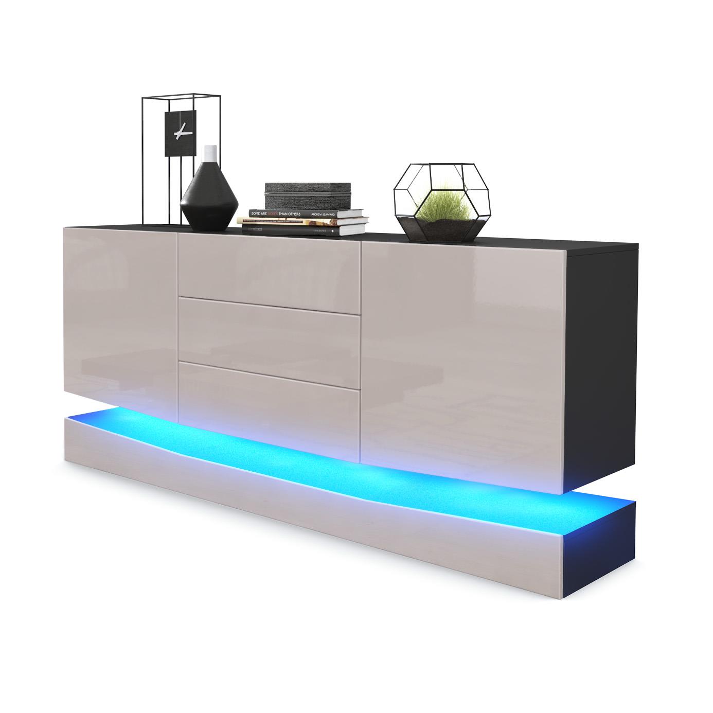 Sideboard City und 3 Schubladen inkl. LED-Beleuchtung,  Schwarz matt/Sandgrau Hochglanz (178 x 72 x 38 cm)