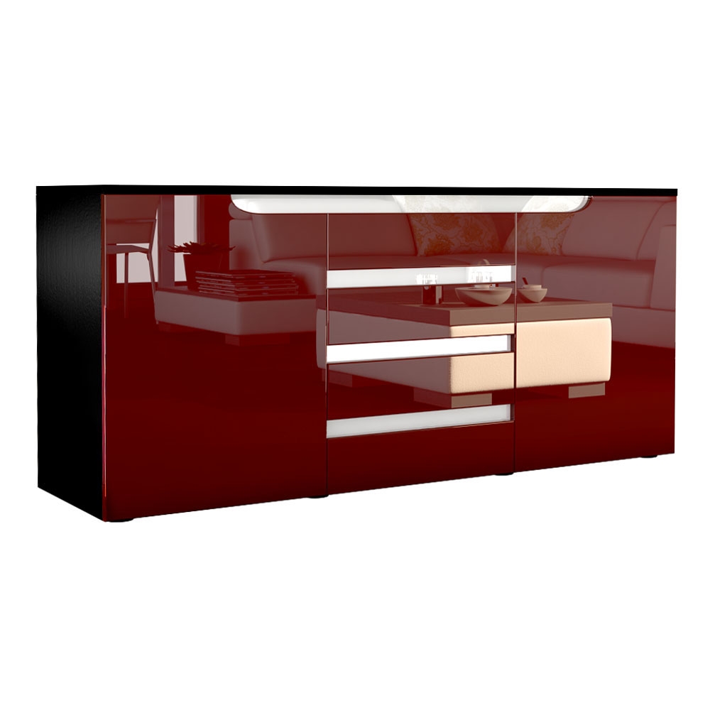 Sideboard Sylt mit 2 Türen und 4 Schubladen Schwarz matt/Bordeaux Hochglanz/Weiß Hochglanz (139 x 72 x 35)