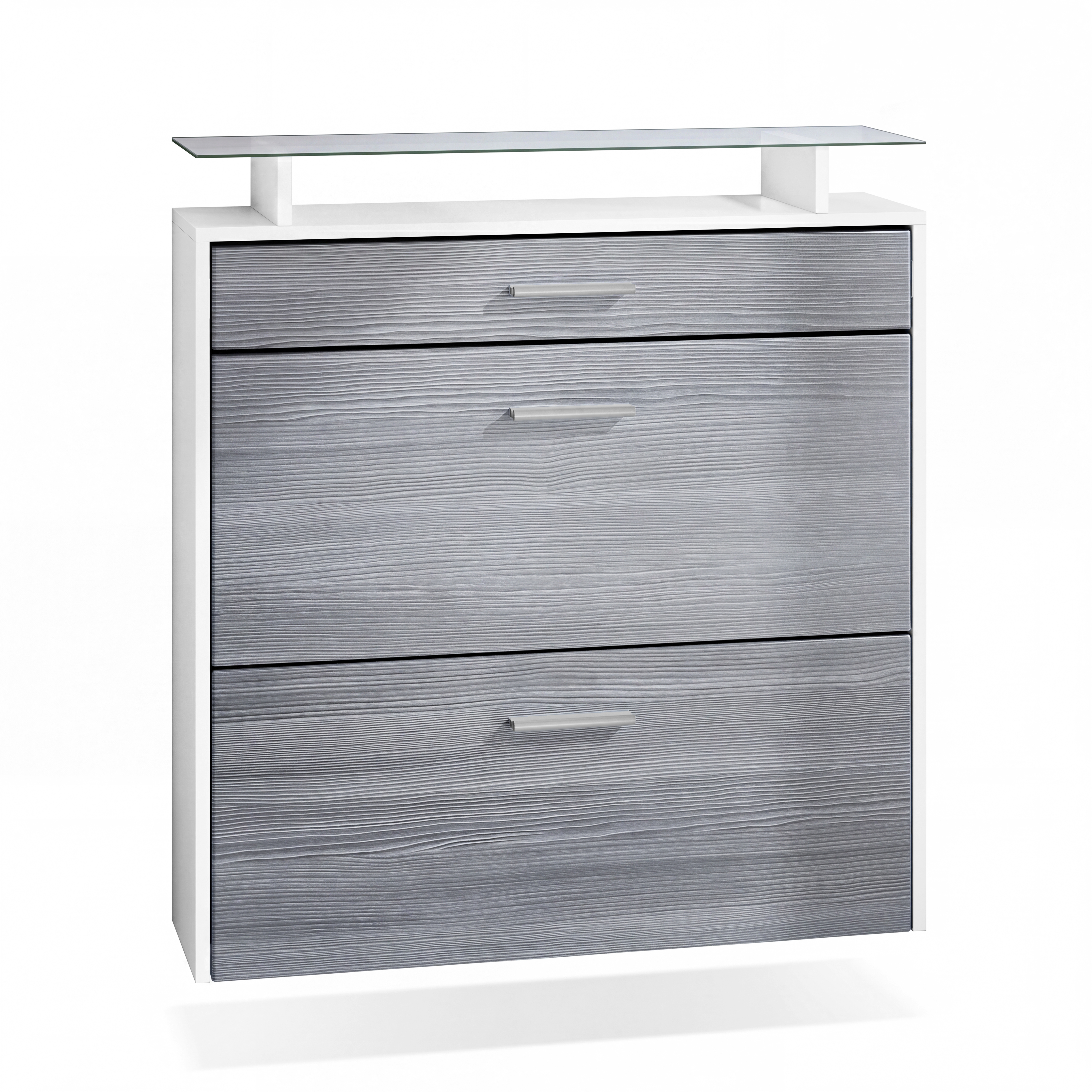 Schuhschrank Malea mit 2 Klappen und 1 Schublade und Glasablage Weiß matt/Avola-Anthrazit (89 x 96 x 23 cm)