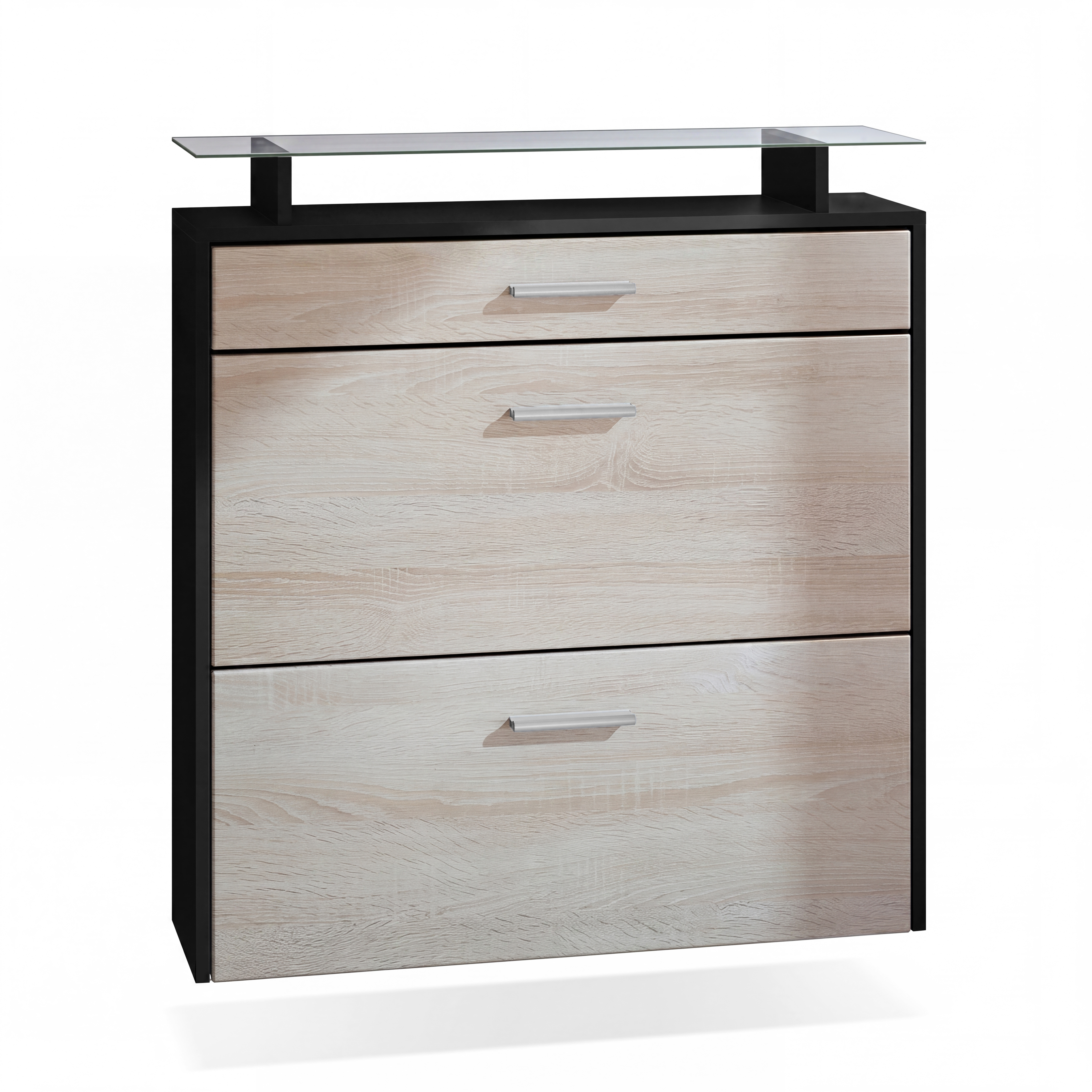 Schuhschrank Malea mit 2 Klappen und 1 Schublade und Glasablage Schwarz matt/Eiche Sägerau (89 x 96 x 23 cm)