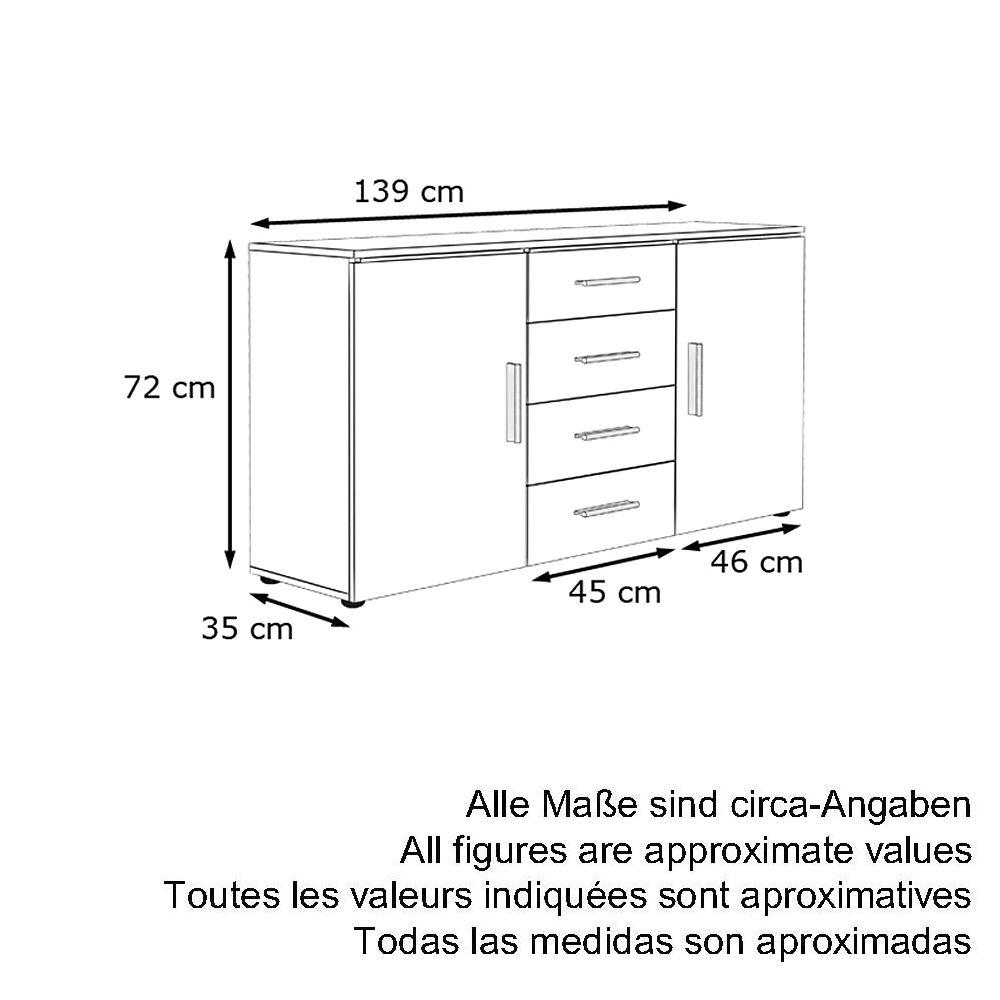 Sideboard Faro mit 2 Türen und 4 Schubladen Schwarz matt/Schwarz Hochglanz (139 x 72 x 35)