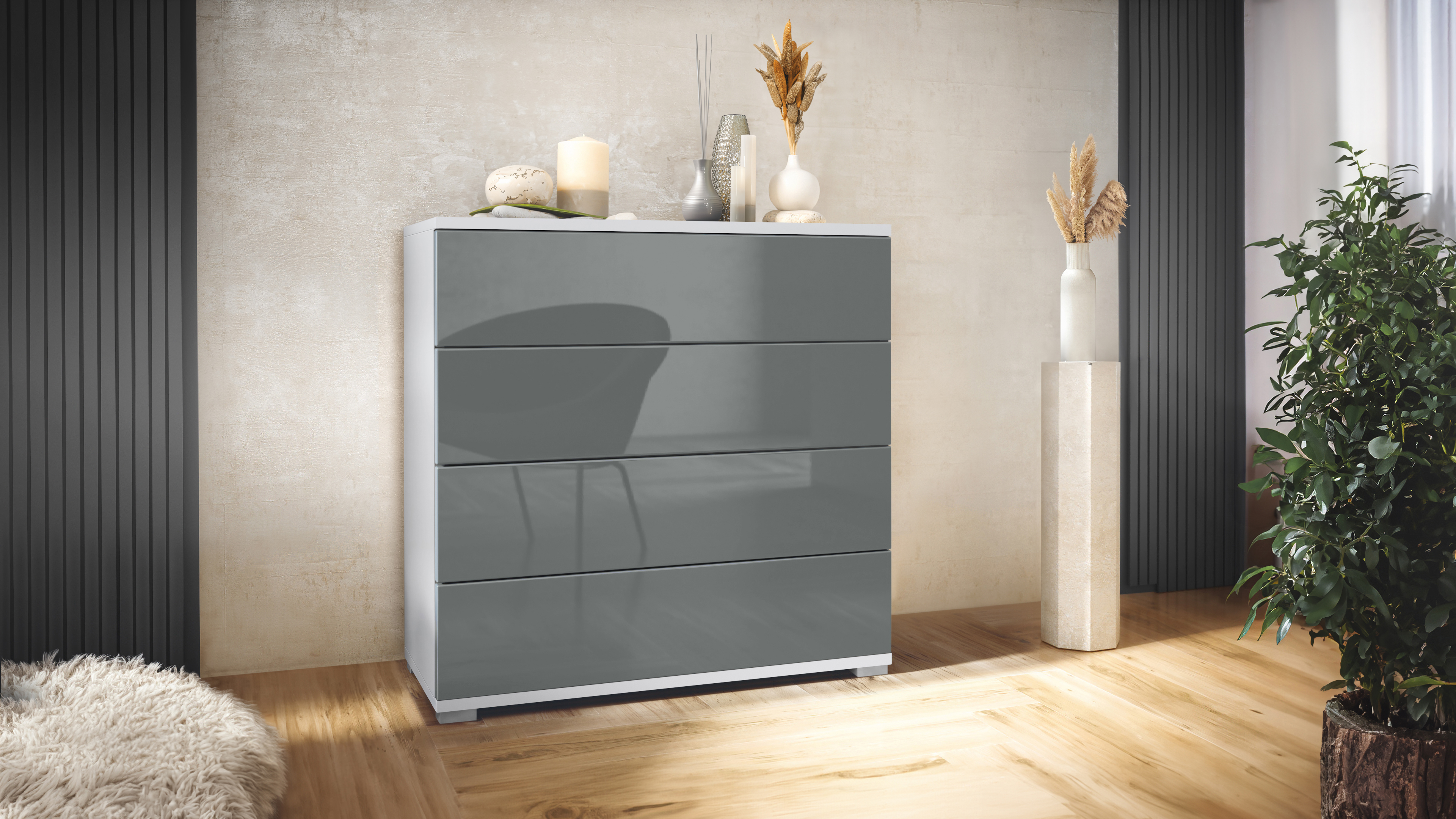 Kommode Pavos V3 Weiß mit 4 Schubladen Weiß matt/Grau Hochglanz (76 x 76 x 35 cm)