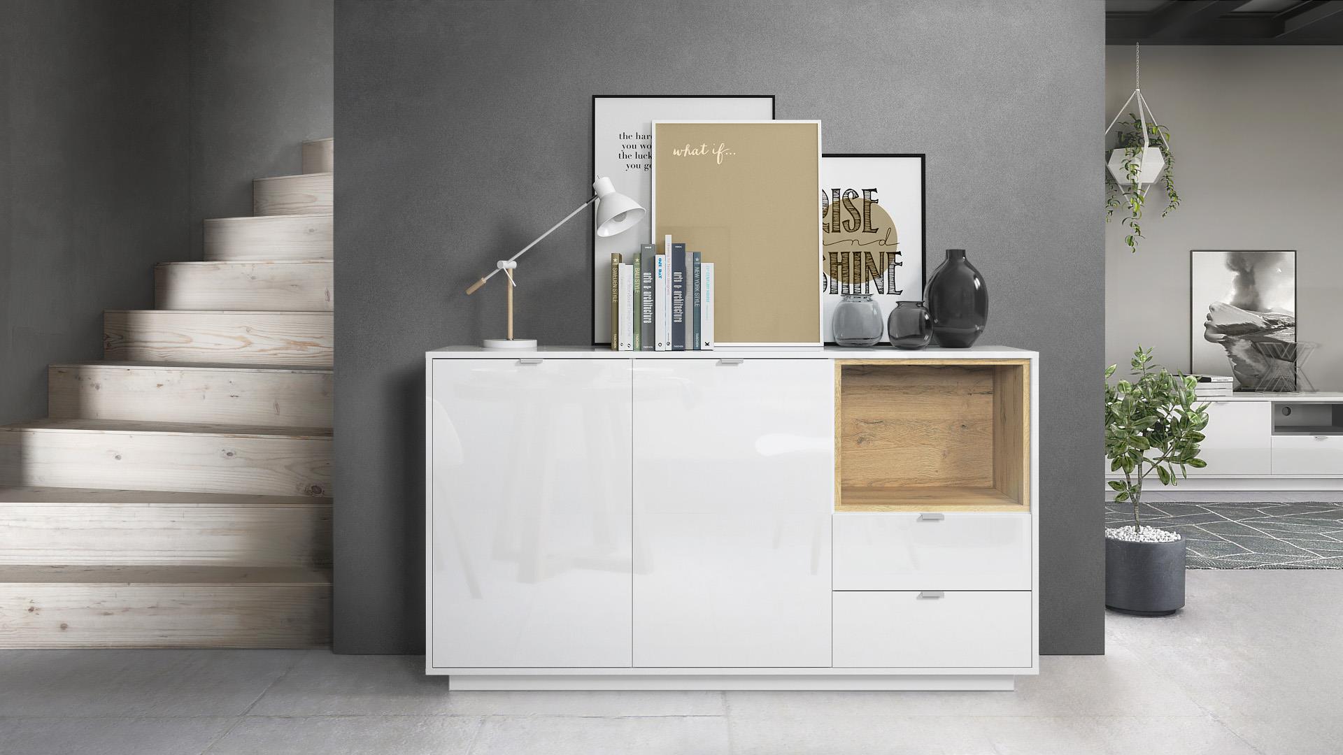 Sideboard  Metro  mit 2 Türen, 2 Schubladen und 1 offenem Fach Weiß Hochglanz/Eiche Natur inkl. LED Beleuchtung (153 x 88 x 38 cm)