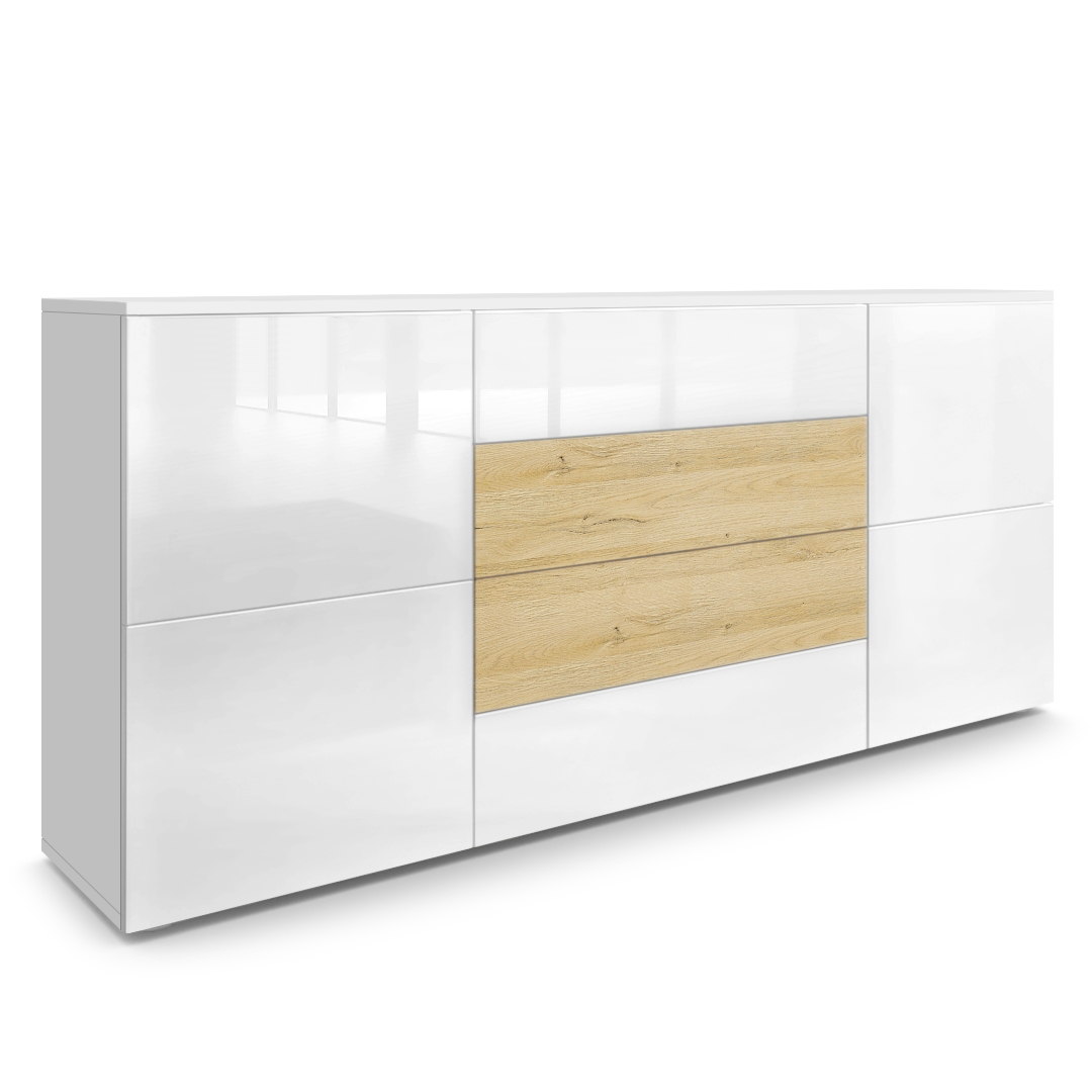 Sideboard Rova mit 4 Türen und 4 Schubladen  Weiß matt/Weiß Hochglanz/Eiche Natur (166 x 72 x 35 cm)