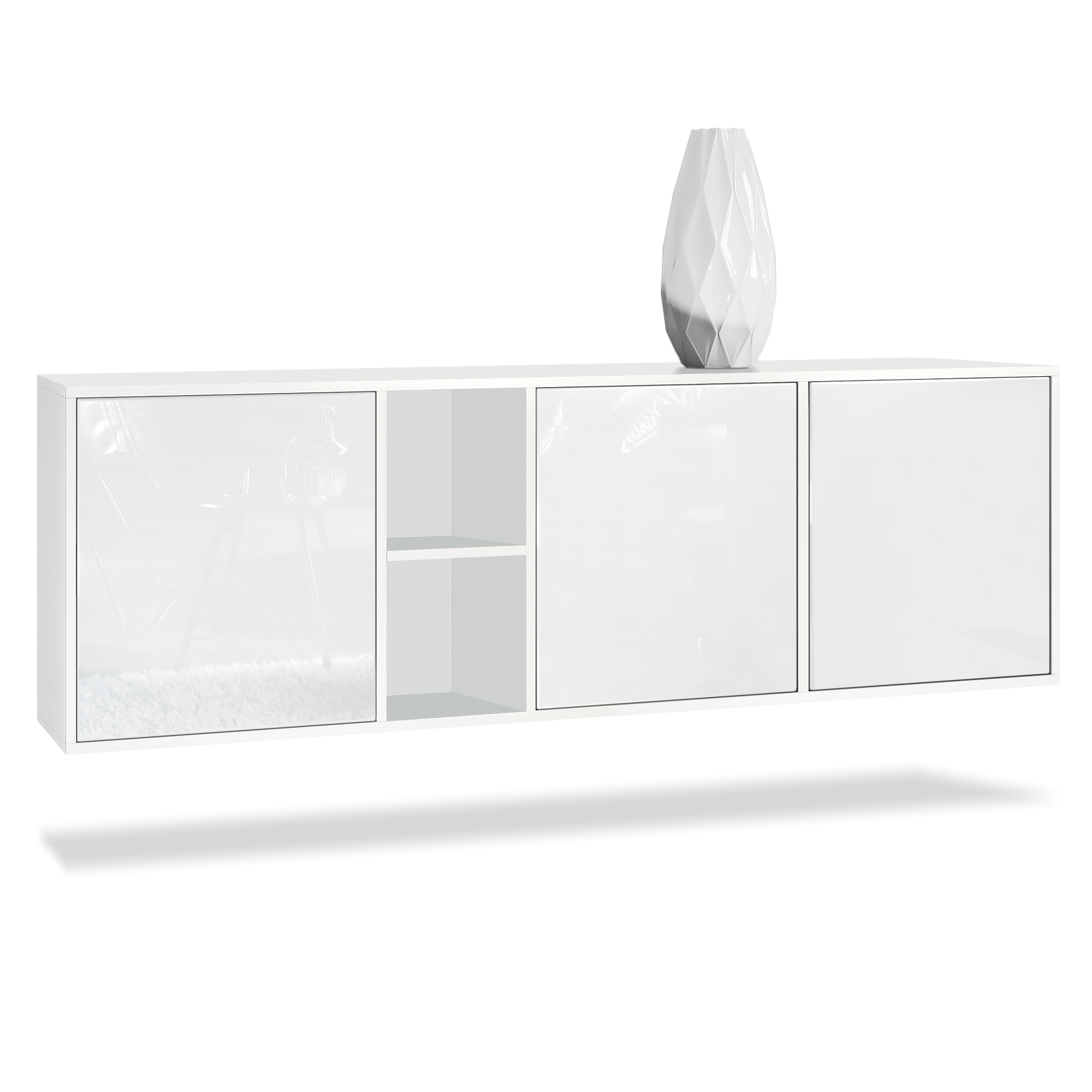 Sideboard Cuba  mit 3 Türen und 2 offene Fächer Weiß matt/Weiß Hochglanz (182 x 53 x 35 cm)