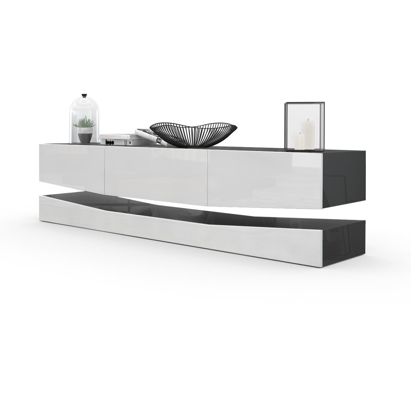 Lowboard City 1 offenem Fach und 3 Schubkästen Schwarz Hochglanz/Weiß Hochglanz (178 x variabel x 39 cm)