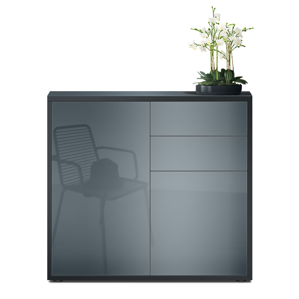 Kommode Ben  mit 2 Türen und 2 Schubladen Schwarz matt/Grau Hochglanz (79 x 74 x 36 cm)
