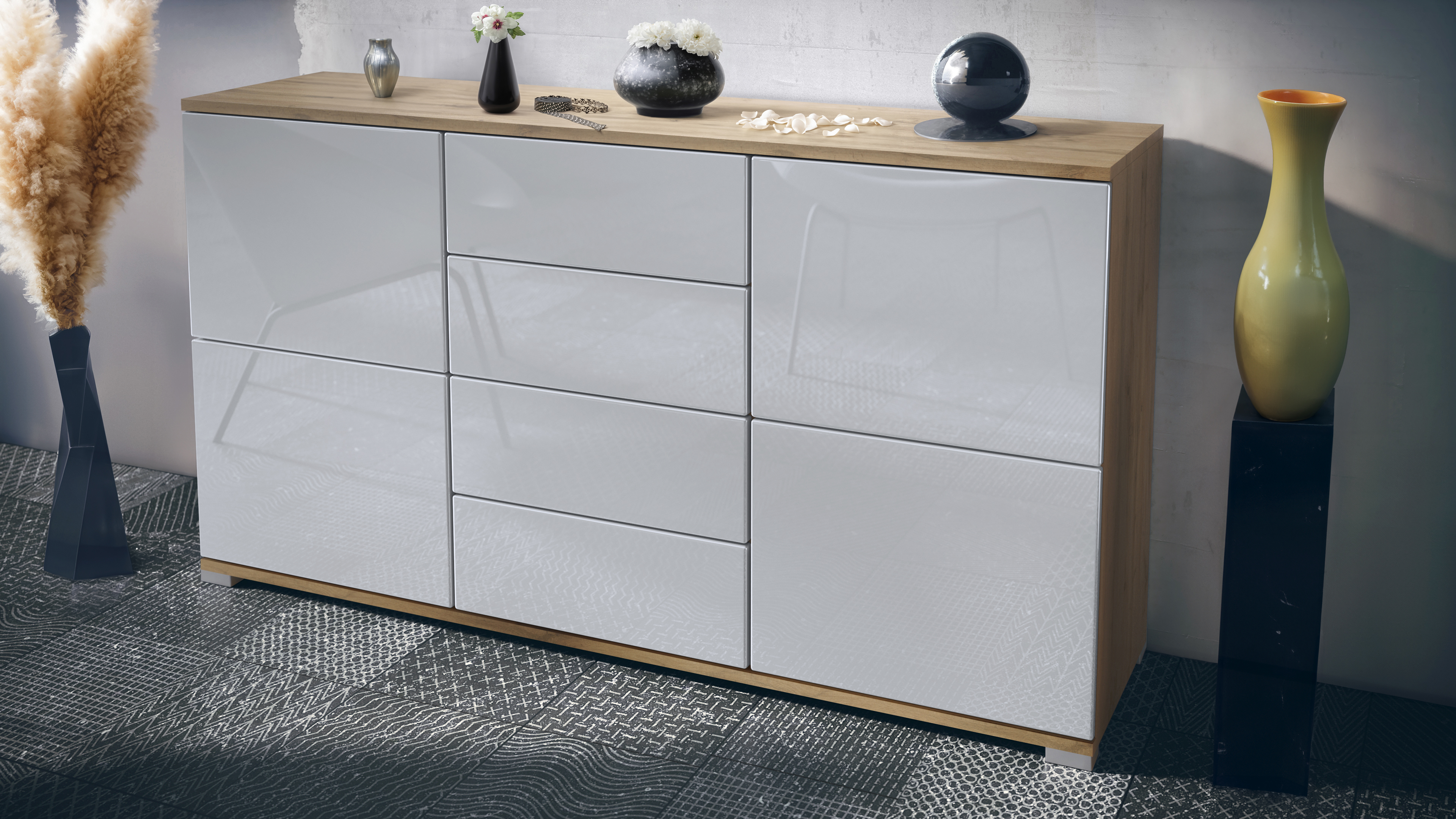 Sideboard Rova V1 4 Schubladen, Made in Germany, Eiche Evoke/Weiß Hochglanz (138,5 x 75,5 x 35)