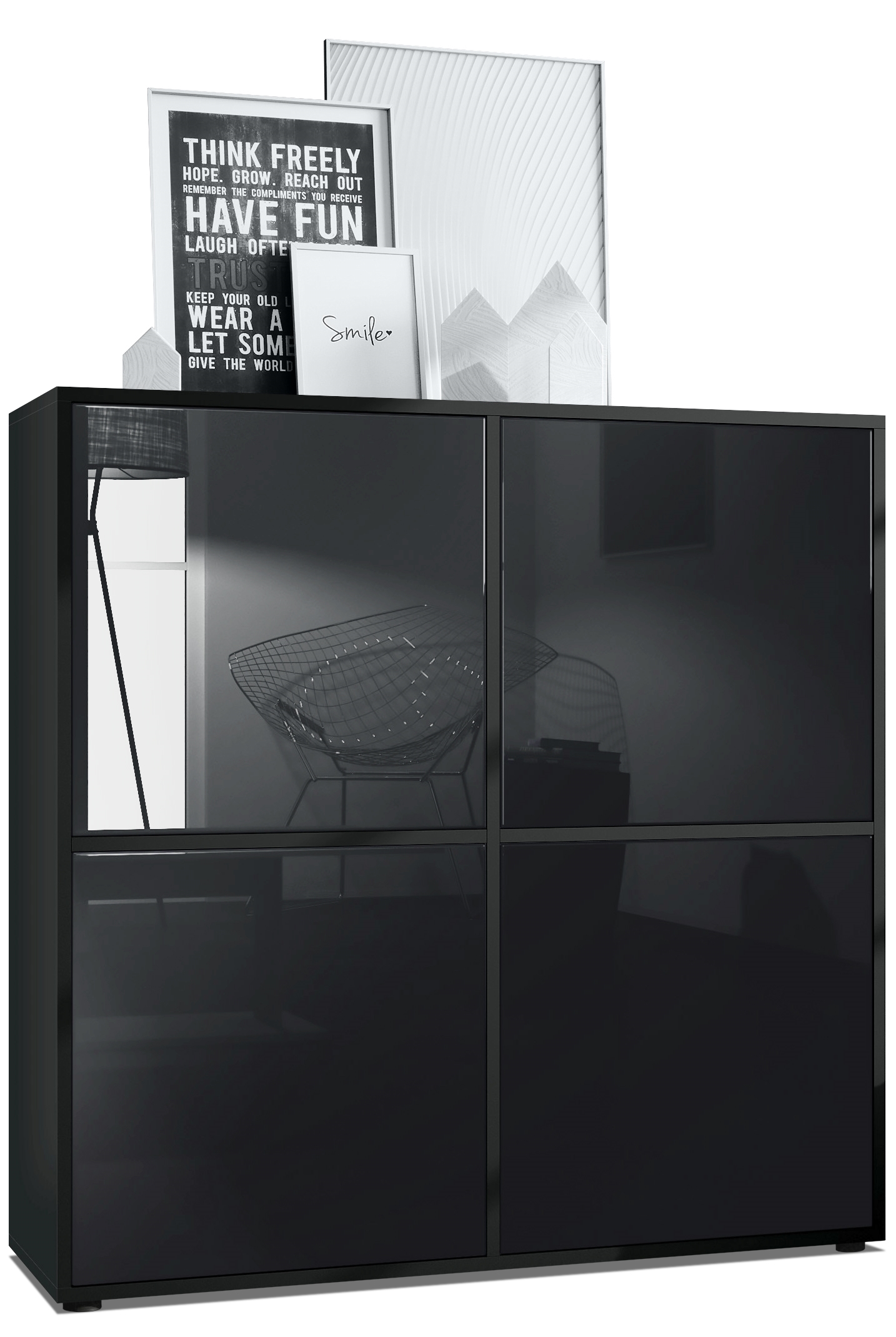 Highboard Cuba V2 104 x 105,5 x 35,5 cm Sideboard mit 8 Fächern Korpus in Schwarz matt / Fronten in Schwarz Hochglanz