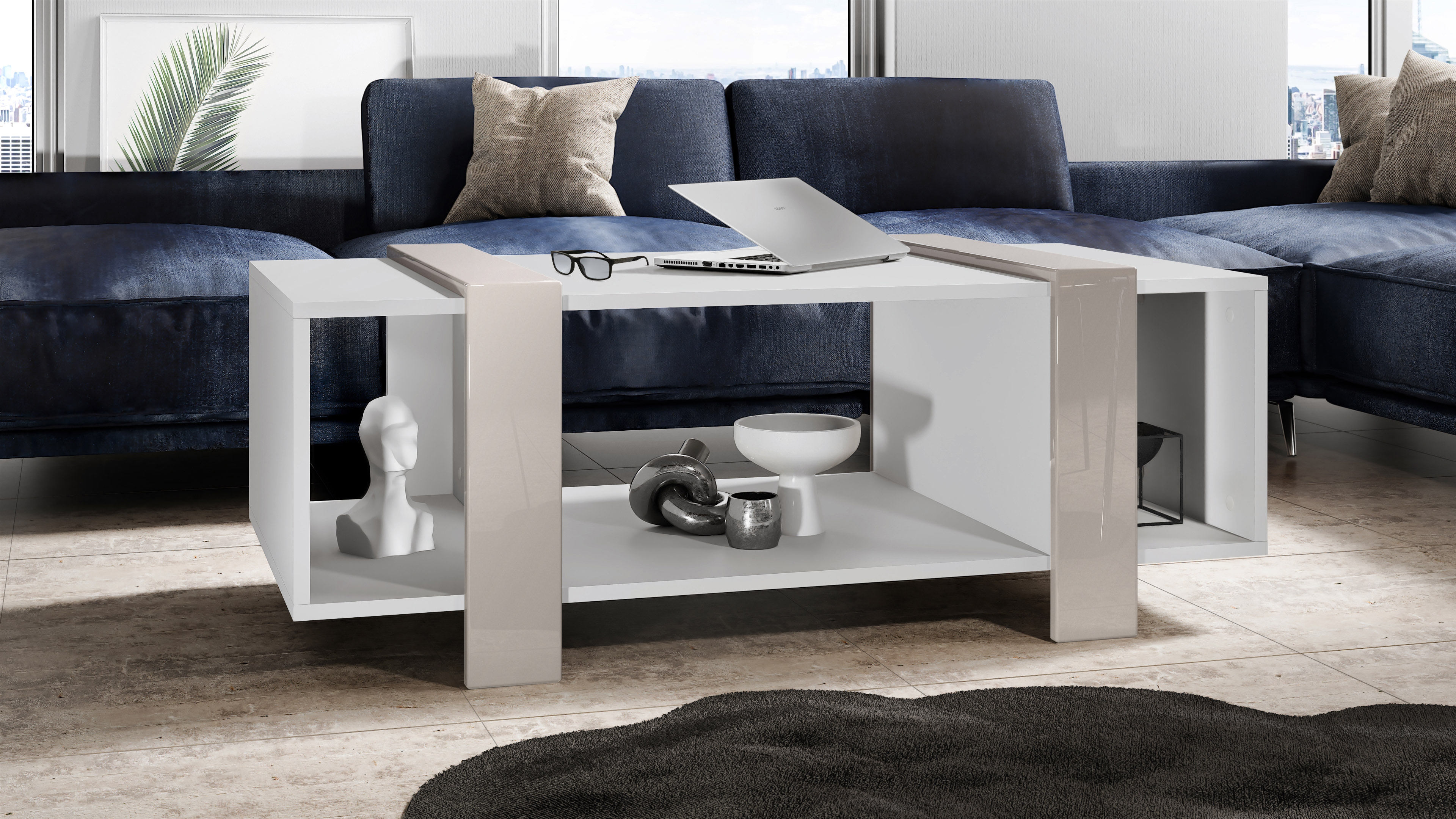 Couchtisch Ida  mit drei Fächern Weiß matt/Sandgrau Hochglanz (110,5 x 42 x 56,5 cm)