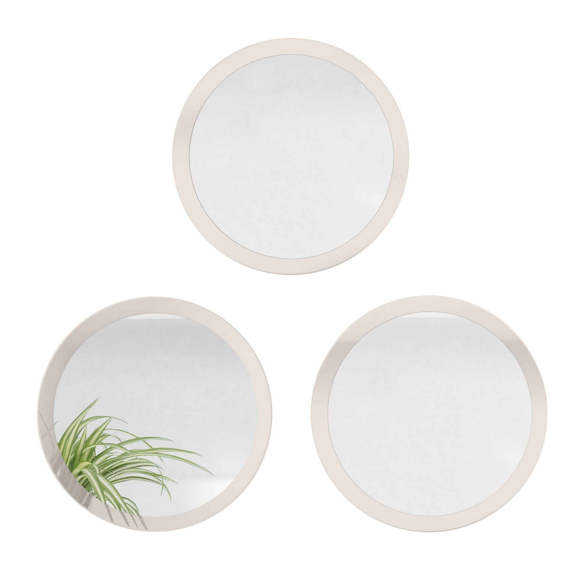 Globe Spiegel 3er Set für Flur und Wohnzimmer mit MDF-Rahmen in Sandgrau Hochglanz (50 cm Durchmesser)