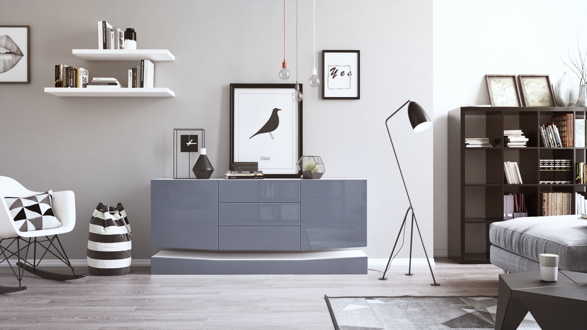Sideboard City  mit 2 Türen und 3 Schubladen Weiß matt/Grau Hochglanz (178 x 72 x 38 cm)