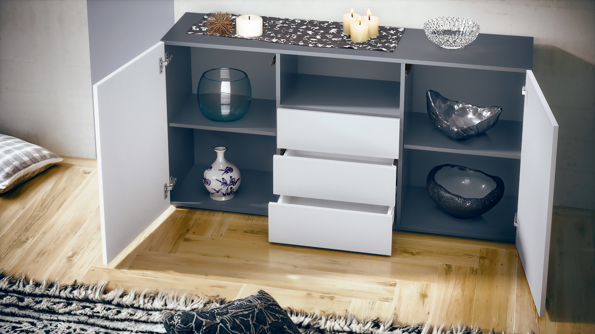 Skadu Neo Sideboard Anthrazit mit 2 Türen, 3 Schubladen und 1 offenem Fach Anthrazit matt/Weiß matt (138,5 x 71,5 x 35 cm)