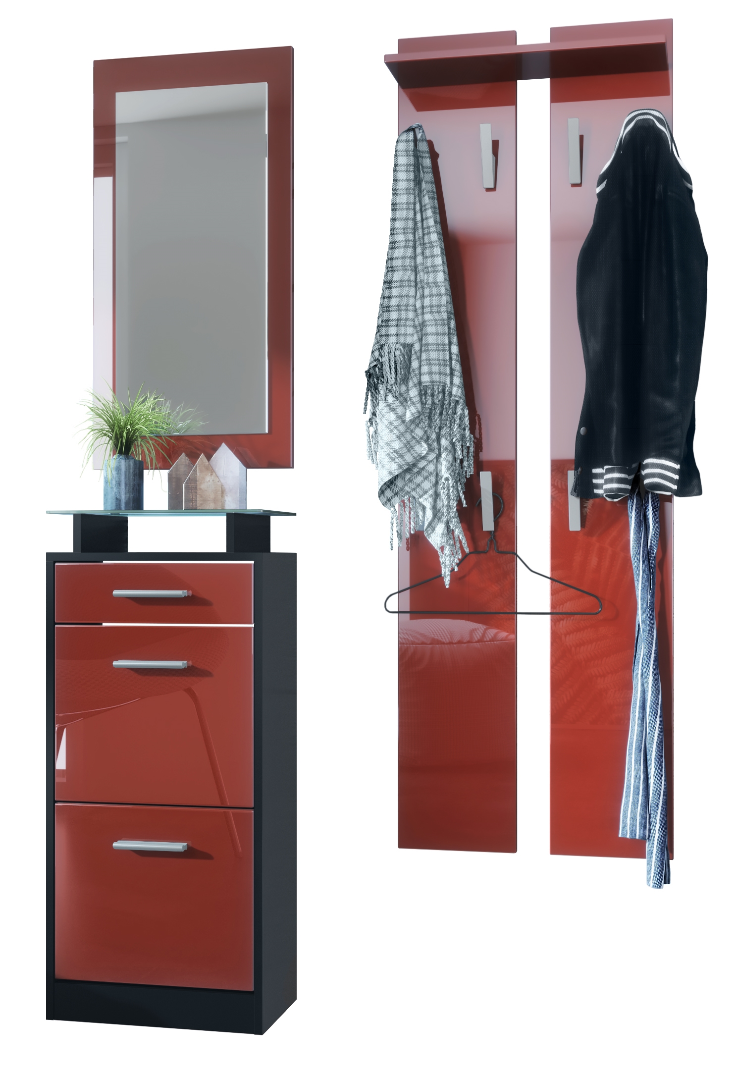 Garderobenset Loret V2 mini 1 Wandspiegel, 2 Garderobenpaneele Schwarz matt/Bordeaux Hochglanz (140 x 23 x 200 cm)