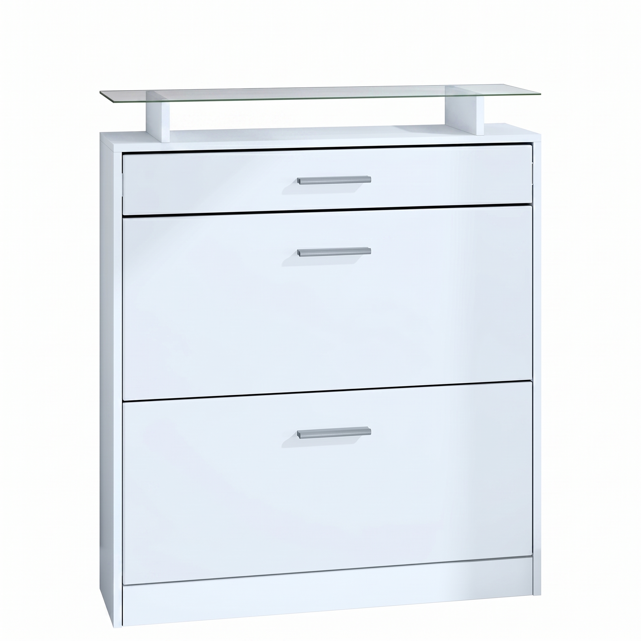 Schuhschrank Loret mit 2 Klappen und 1 Schublade und Glasablage Weiß matt (89 x 104 x 23 cm) | Front in Weiß matt