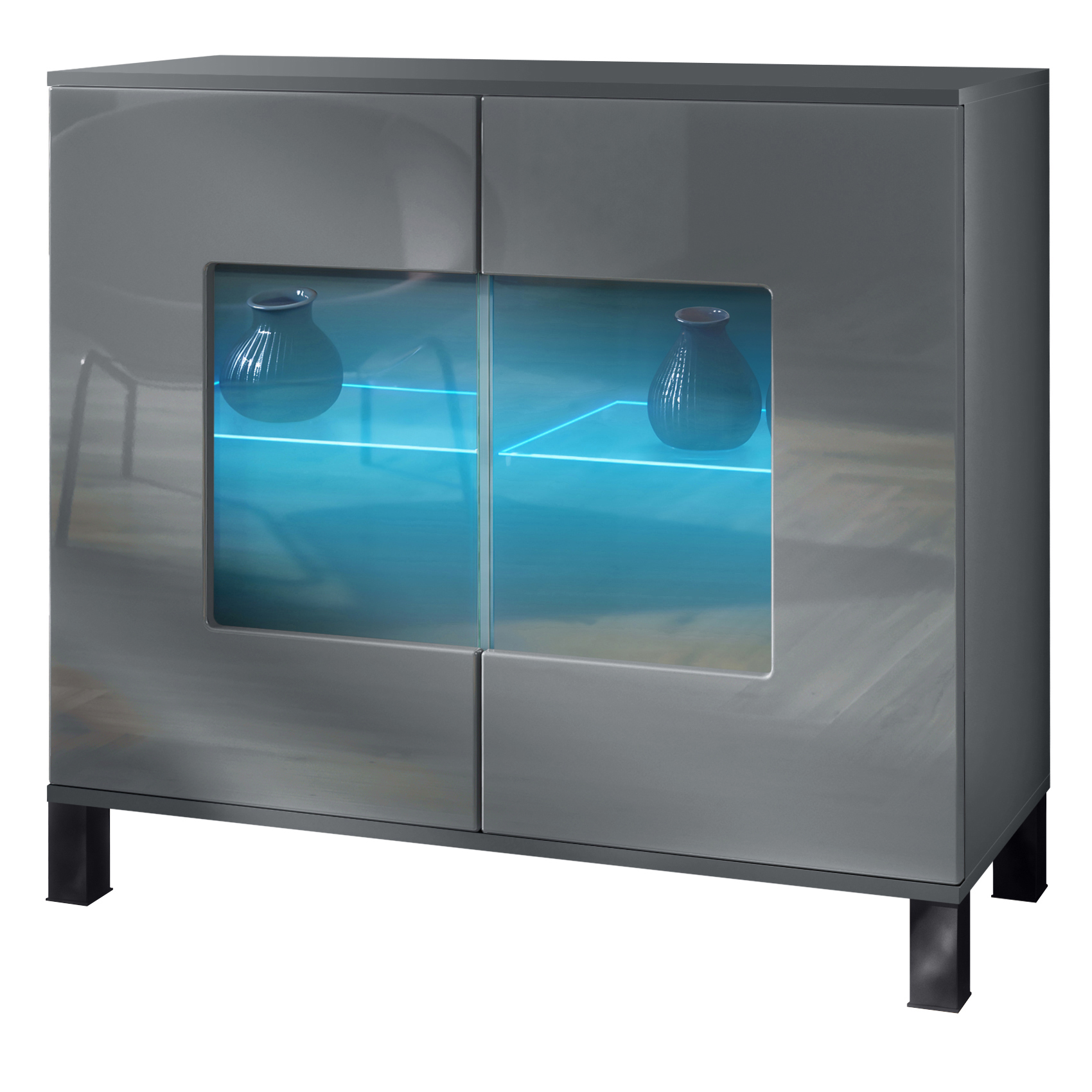 Grömitz V3 Kommode Anthrazit + LED mit 2 großen Glastüren inkl. RGB Beleuchtung Anthrazit matt / Grau Hochglanz (92,5 x 84.5 x 35)