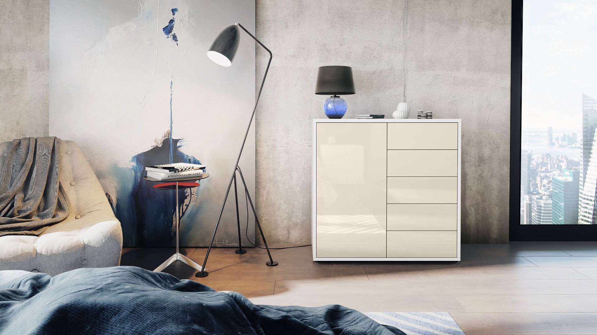 Kommode Ben V2  mit 1 Tür und 5 Schubladen Weiß matt/Creme Hochglanz (79 x 74 x 36 cm)