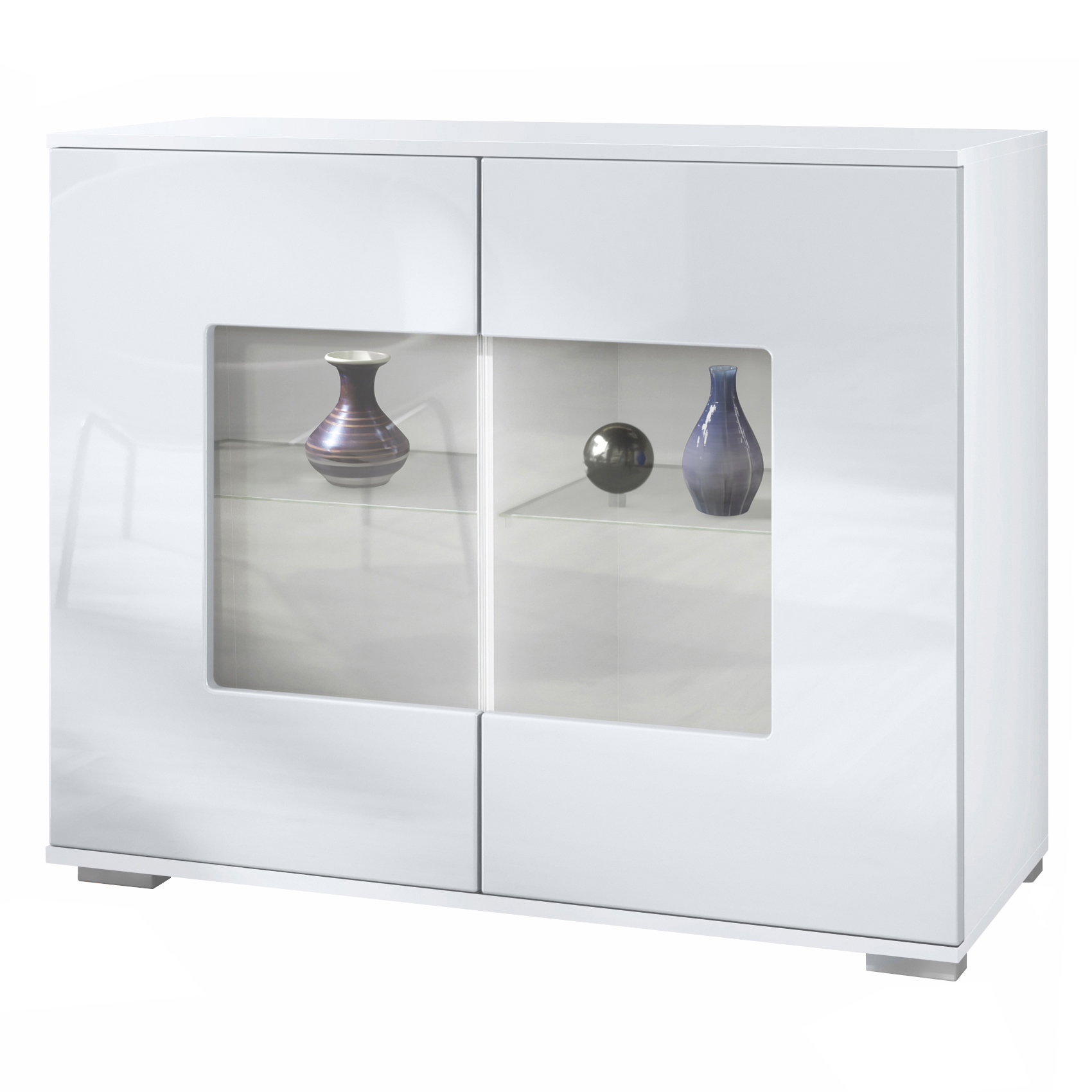 Grömitz V3 Kommode Weiß mit 2 großen Glastüren Weiß matt / Weiß Hochglanz (92,5 x 75.5 x 35)