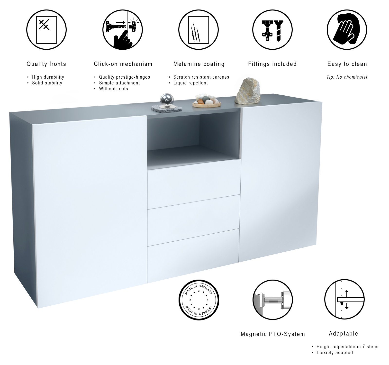 Skadu Neo Sideboard Anthrazit mit 2 Türen, 3 Schubladen und 1 offenem Fach Anthrazit matt/Weiß matt (138,5 x 71,5 x 35 cm)