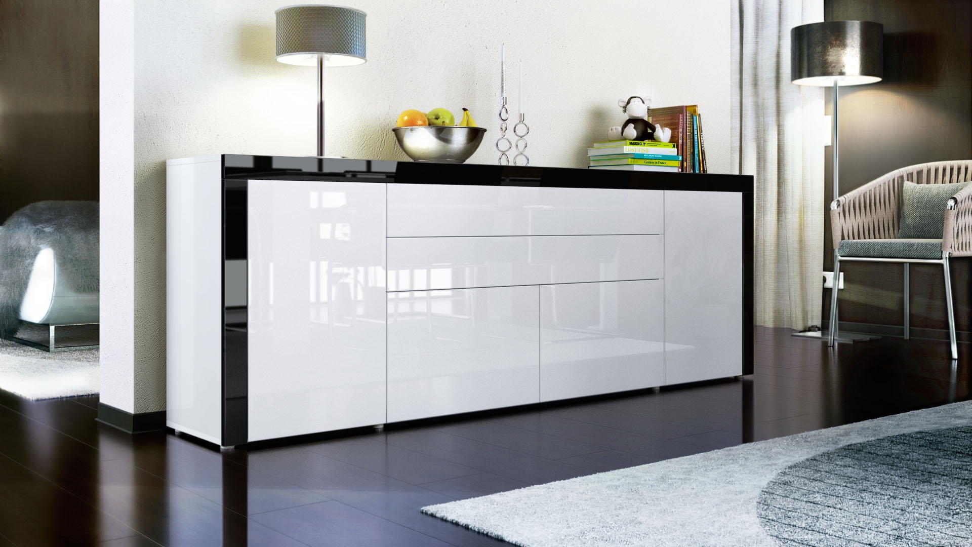 Sideboard La Paz V2 mit 2 Türen, 2 Schubkästen und 2 Klappen Weiß Hochglanz/Schwarz Hochglanz (200 x 72 x 35 cm)