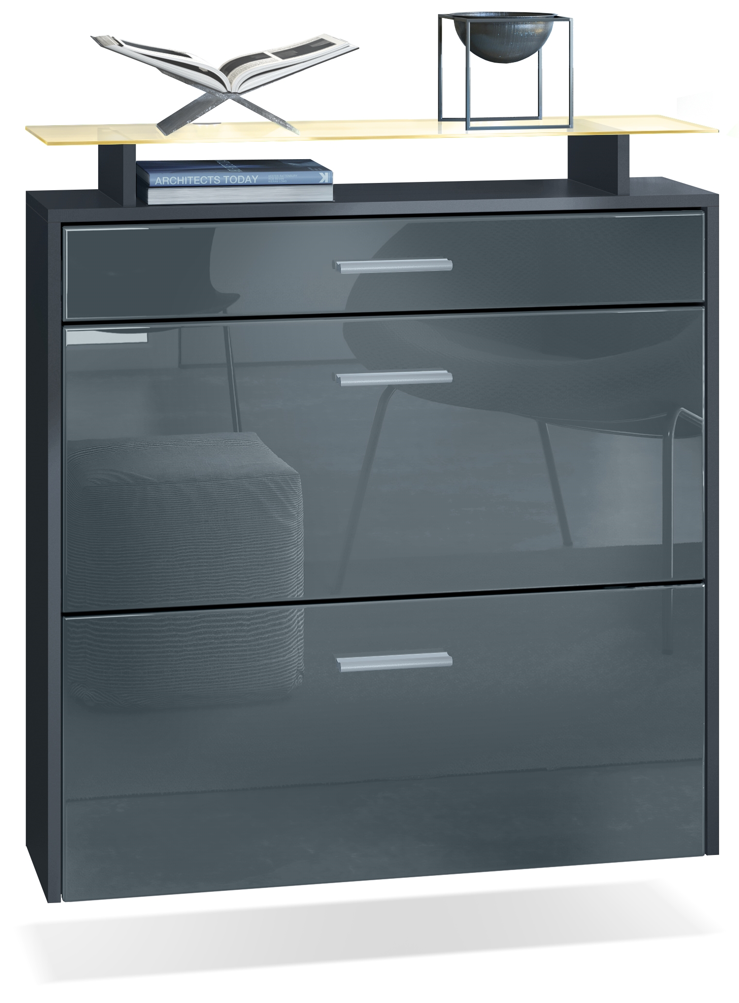 Schuhschrank Malea mit 2 Klappen und 1 Schublade und Glasablage Anthrazit matt/Grau Hochglanz, inkl. LED-Beleuchtung RGB (89x96x23 cm)