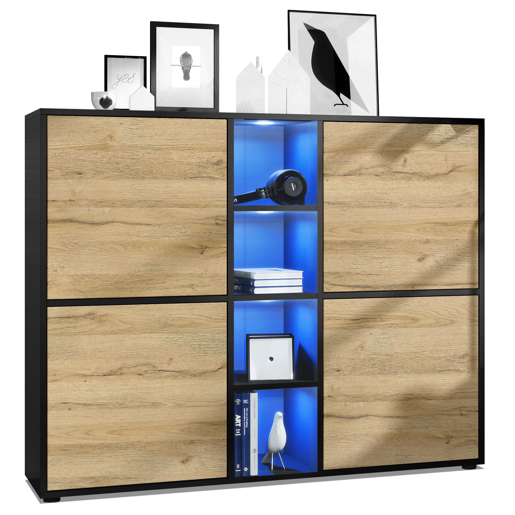 Highboard Cuba V3   mit 12 Fächern, inkl. RGB LED Beleuchtung  Korpus in Schwarz matt / Fronten in Eiche Natur (130,5x105,5x35,5 cm)