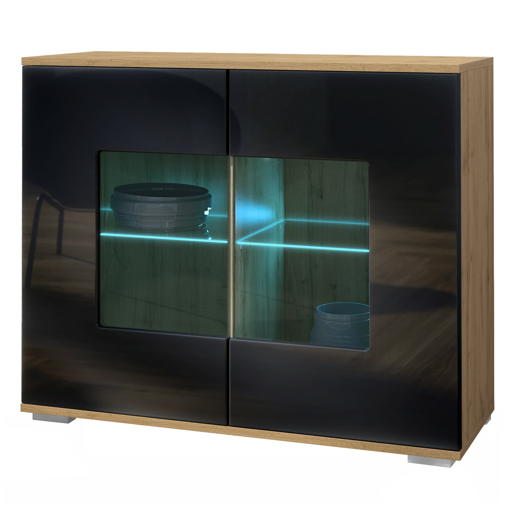 Grömitz V3 Kommode Eiche Evoke + LED mit 2 großen Glastüren inkl. RGB Beleuchtung Eiche Evoke / Schwarz Hochglanz (92,5 x 75.5 x 35)