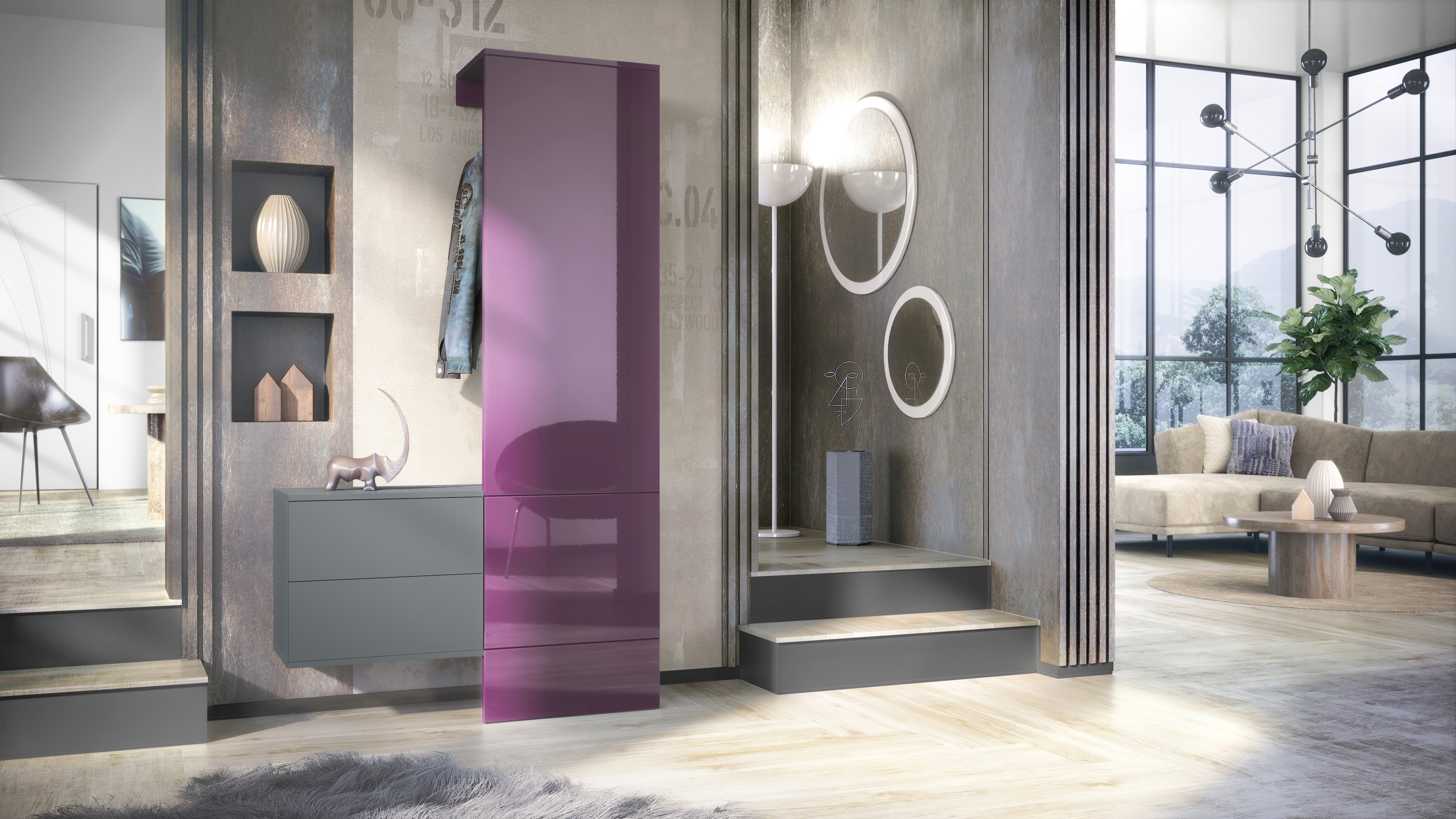 Garderobe Carlton Set 2 Anthrazit 3-tlg. 1 Paneel und 1 Schubkastenschrank Anthrazit matt/Brombeer Hochglanz (105 x 193 x 35 cm)