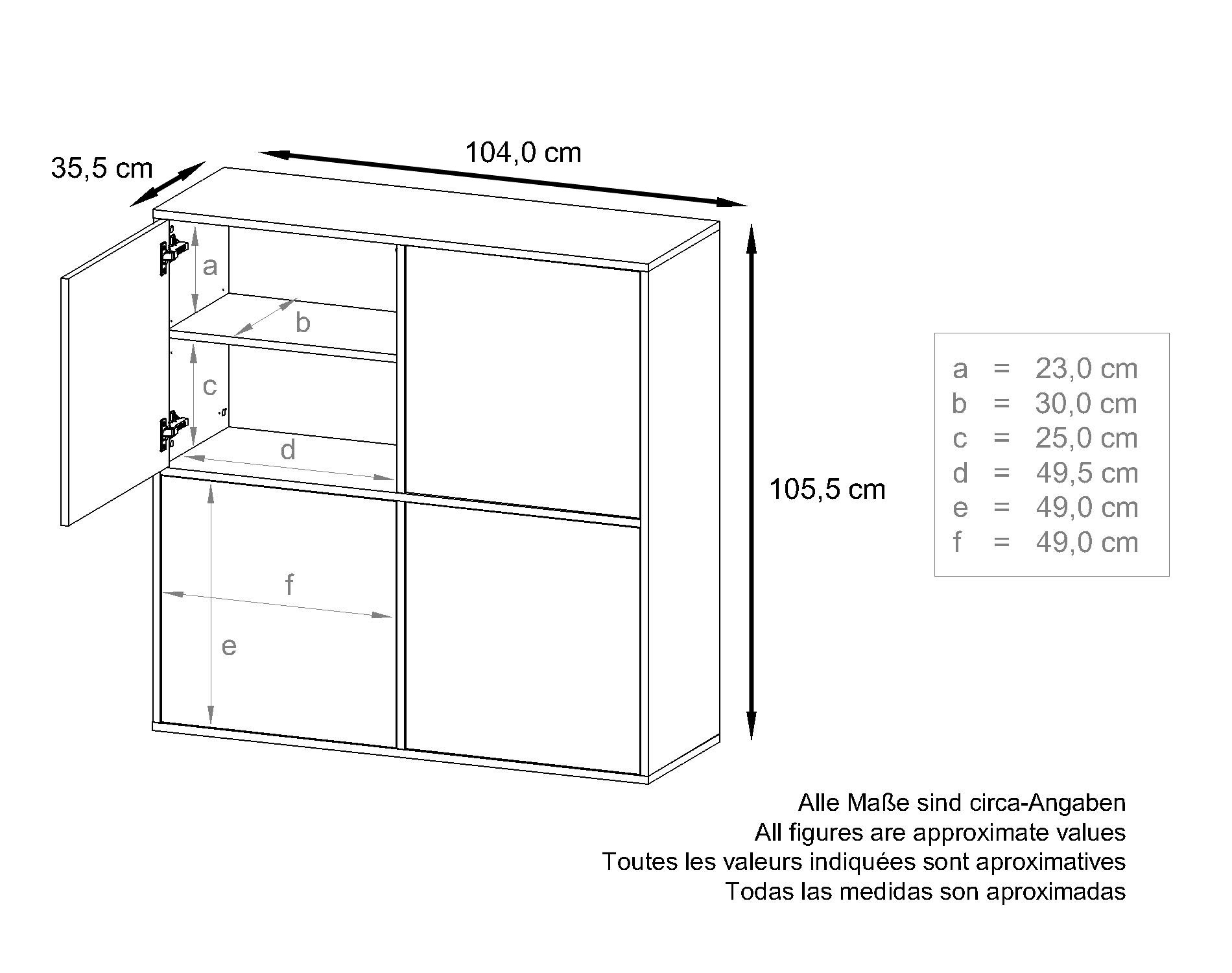 Highboard Cuba V2 Sideboard mit 4 Push-to-Open Türen, Made in Germany Schwarz matt / Eiche sägerau (104 x 105,5 x 35,5 cm)