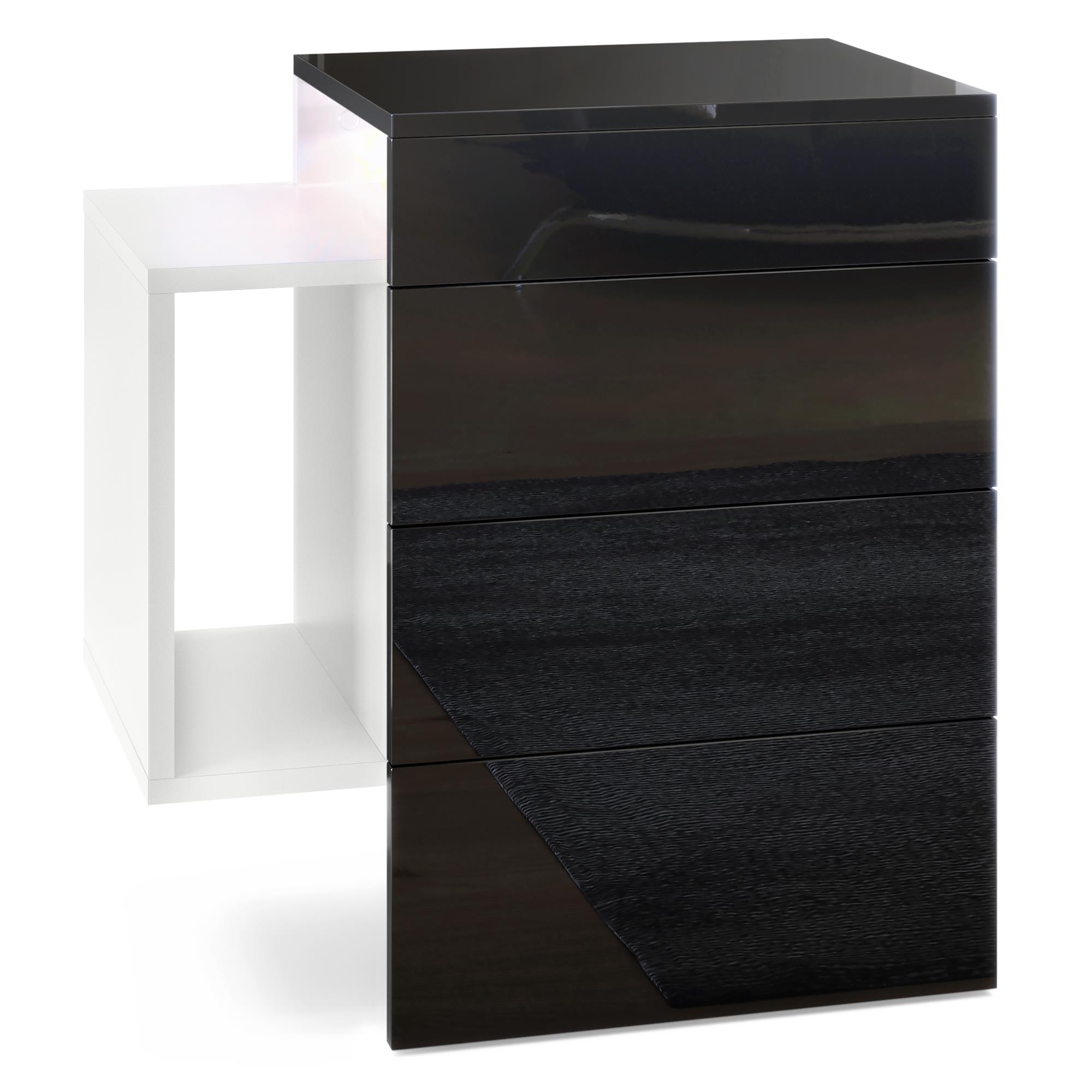 Nachttisch Queens und 1 seitlichem Fach zur Wandmontage Weiß matt/Schwarz Hochglanz inkl. LED-Unterbaustrahler (60x63x36 cm)