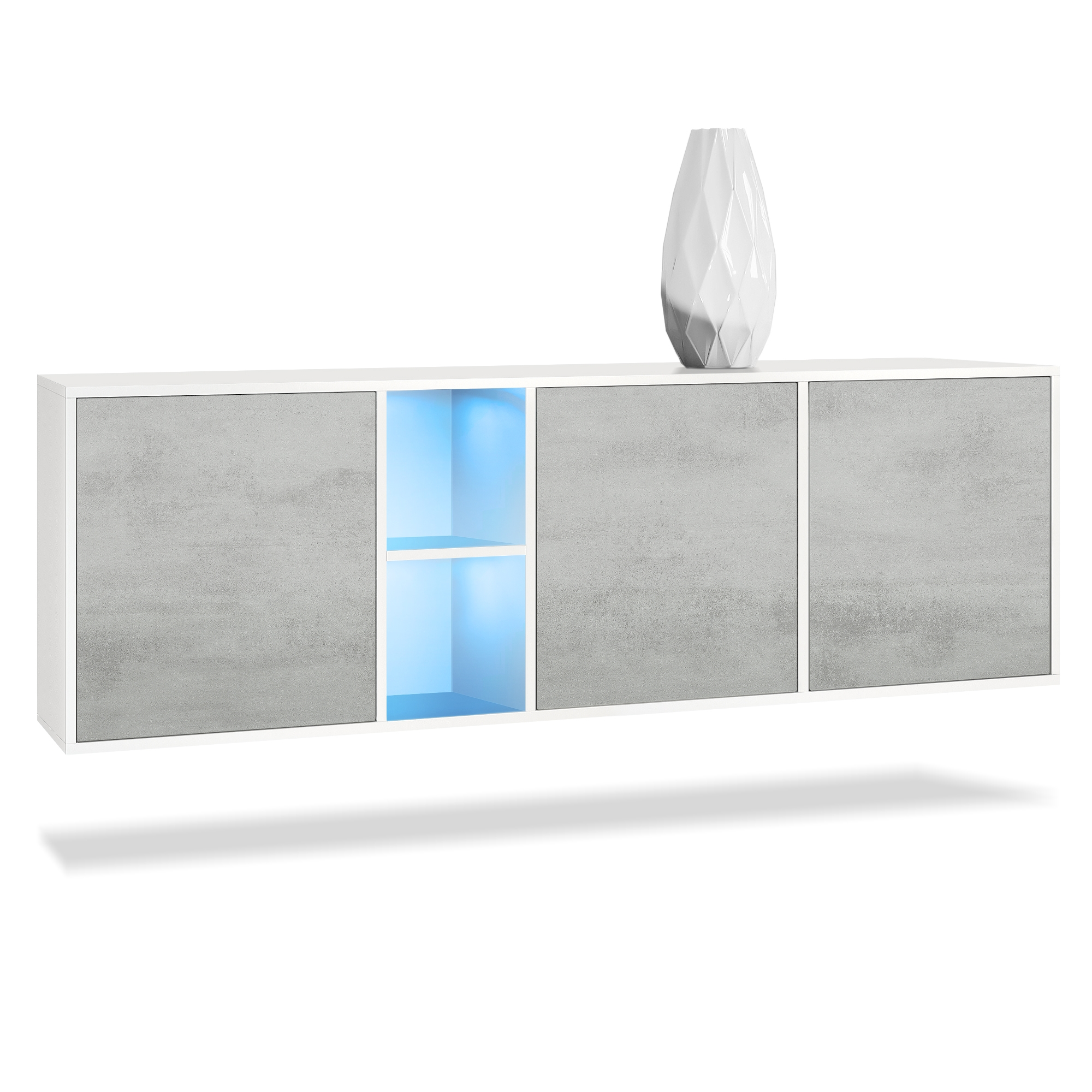 Sideboard Cuba  mit 3 Türen und 2 offene Fächer Weiß matt/Beton Oxid Optik inkl. LED-Beleuchtung (182 x 53 x 35 cm)