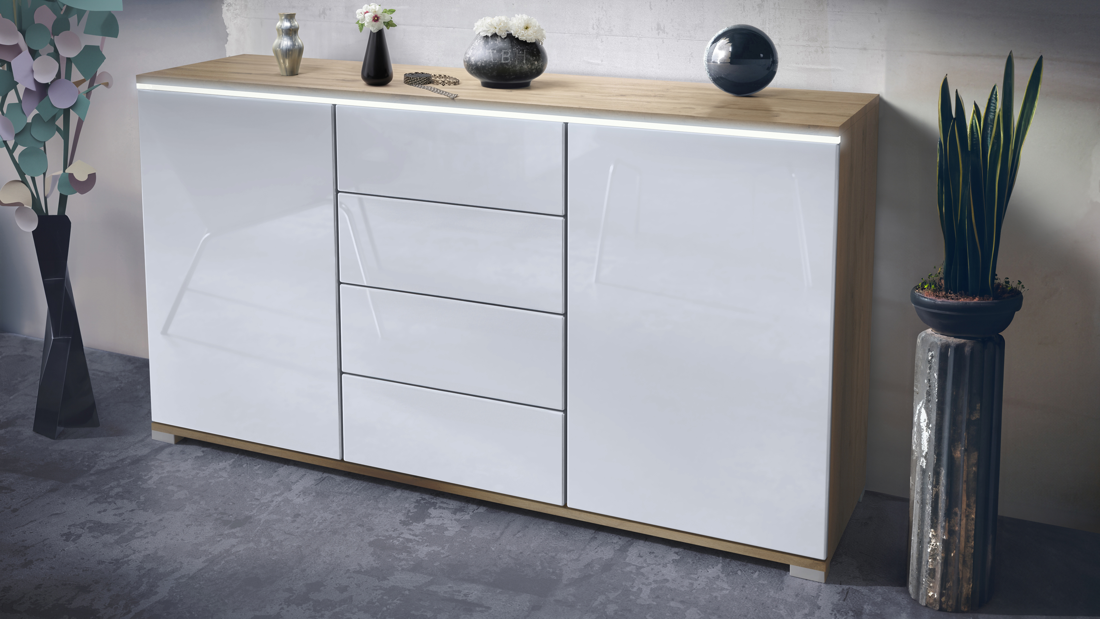 Sideboard Faro V1 Eiche Evoke Schrank mit LED Lichtleiste Eiche Evoke / Weiß Hochglanz (138,5 x 75,5 x 35)