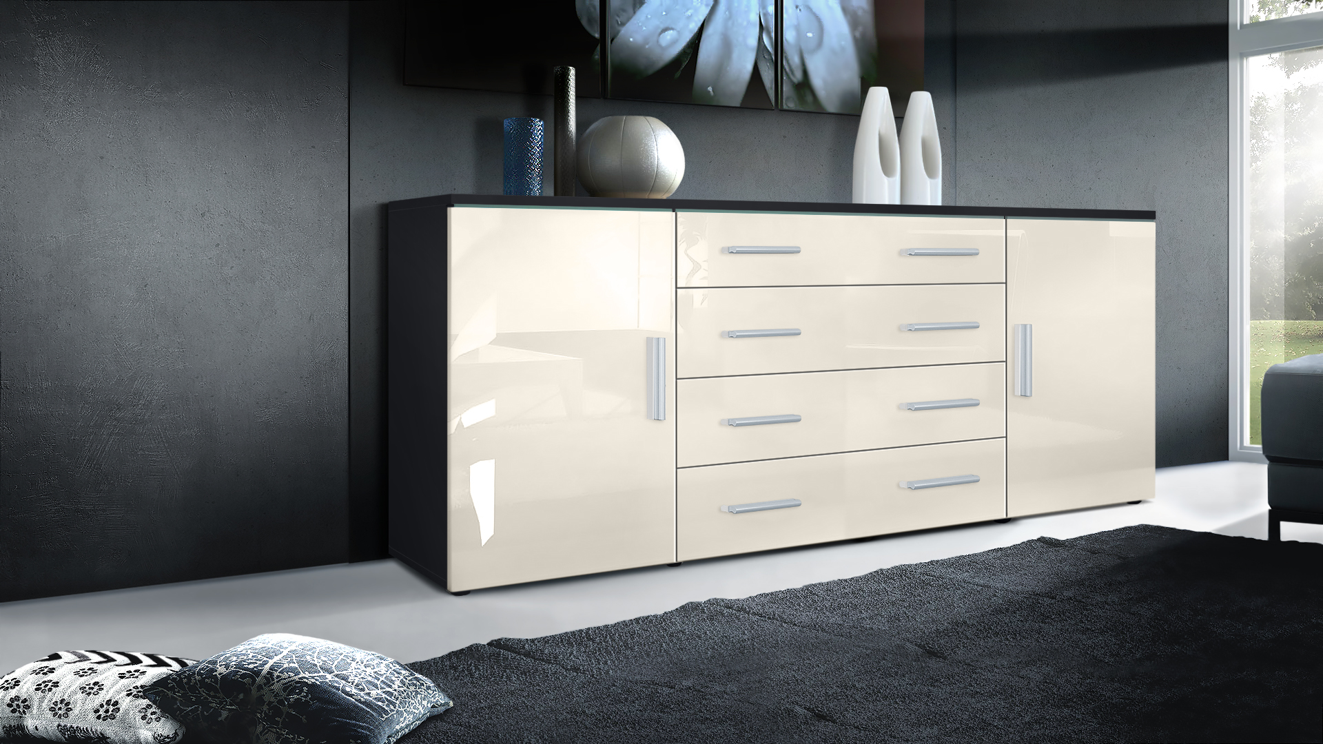 Sideboard Faro V2 mit 2 Türen und 4 Schubladen Schwarz matt/Creme Hochglanz (166 x 72 x 35)