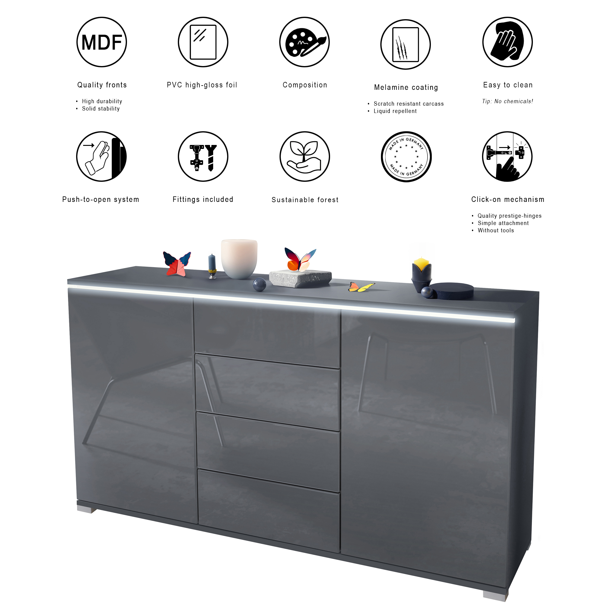 Sideboard Faro V1 Anthrazit Schrank mit LED Lichtleiste Anthrazit matt / Avola-Anthrazit (138,5 x 75,5 x 35)