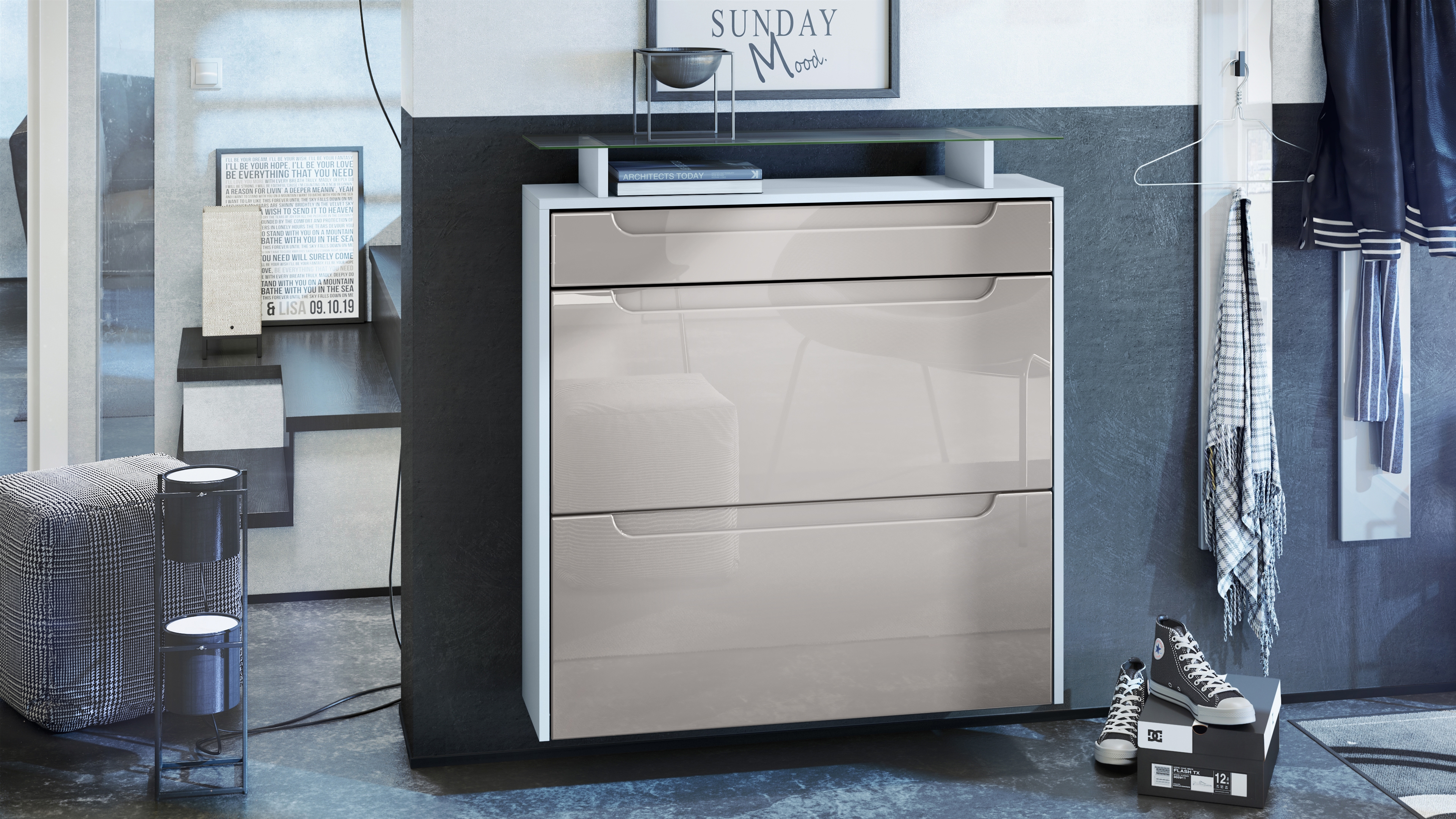 Schuhschrank Annie mit 2 Klappen, 1 Schublade und Glasablage Weiß matt/Sandgrau glänzend, Mulden in Sandgrau glänzend (89x96x23 cm)
