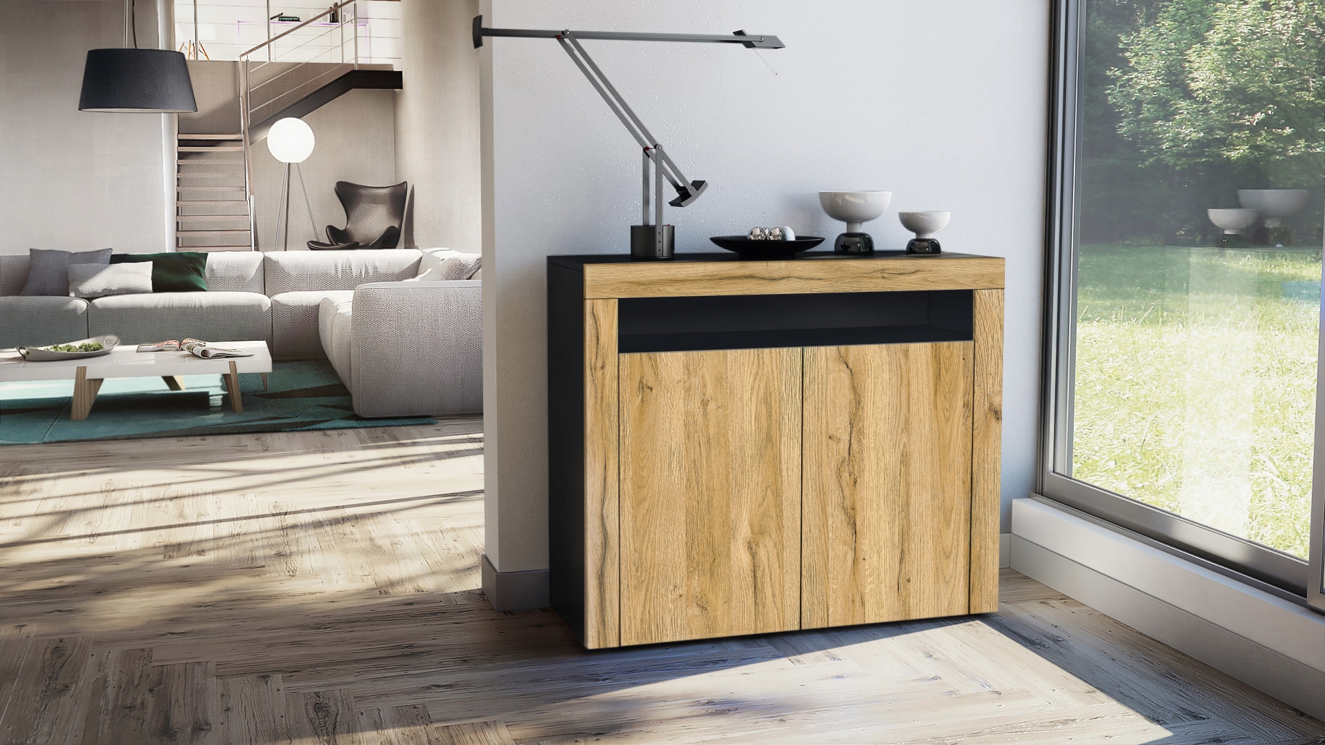 Kommode Valencia Sideboard mit 2 Türen und 1 offenem Fach Schwarz matt/Eiche Natur/Eiche Natur (108 x 92 x 40 cm)