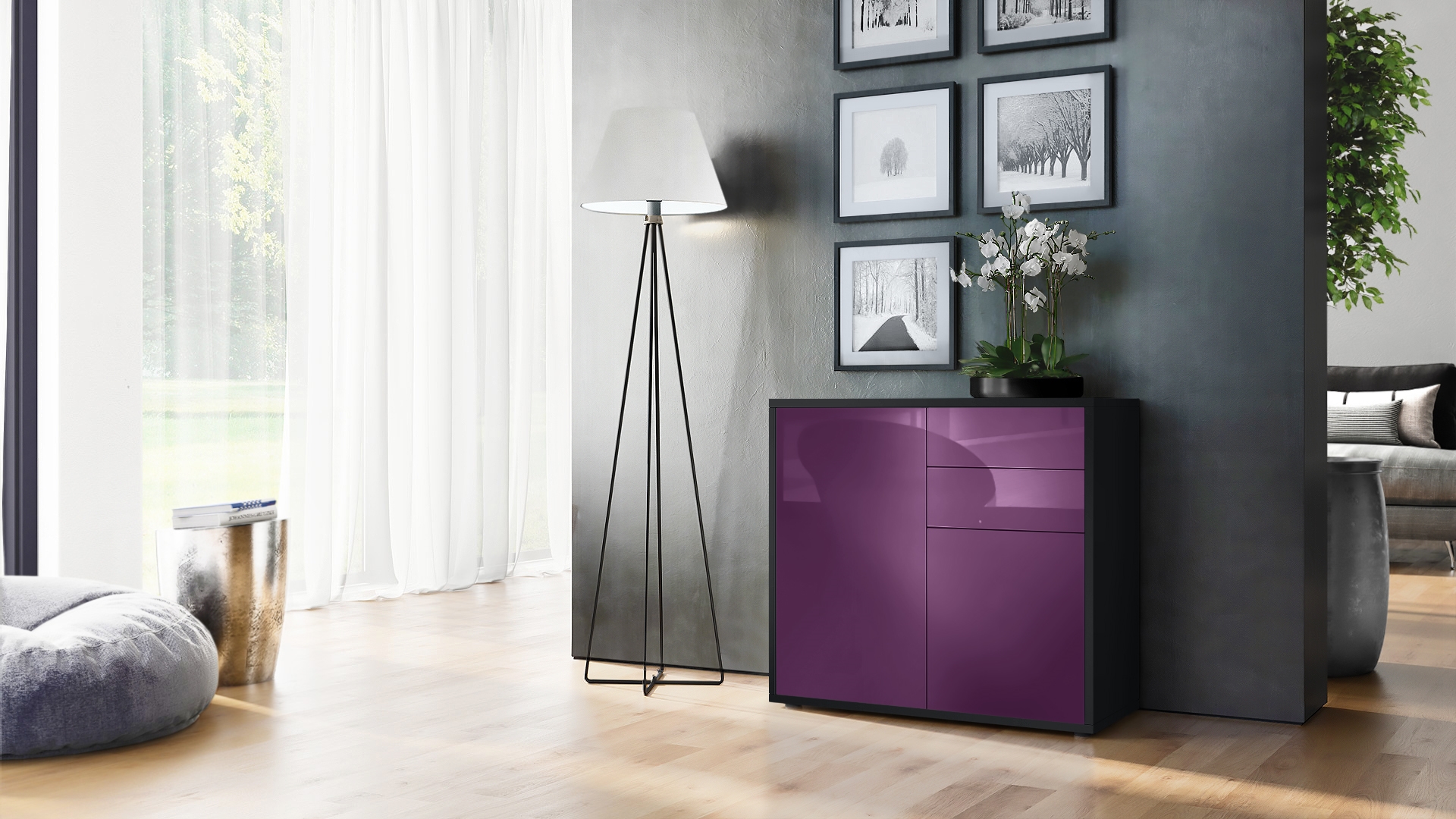 Kommode Ben  mit 2 Türen und 2 Schubladen Schwarz matt/Brombeer Hochglanz (79 x 74 x 36 cm)