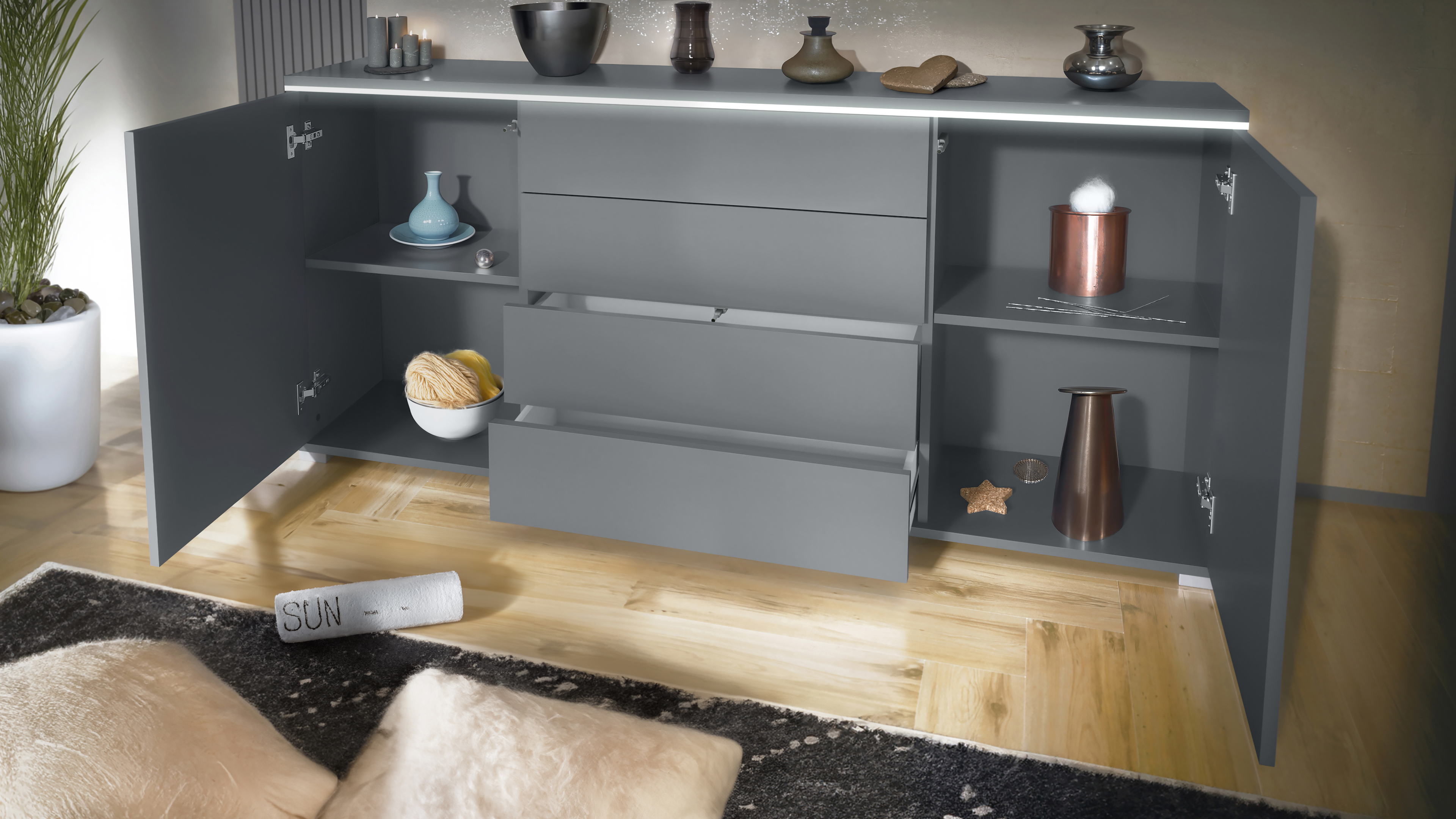 Sideboard Faro V2 Anthrazit Schrank mit LED Lichtleiste Anthrazit matt / Creme Hochglanz (166,5 x 75,5 x 35)