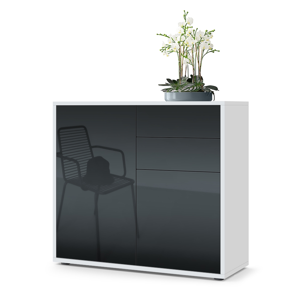 Kommode Ben  mit 2 Türen und 2 Schubladen Weiß matt/Schwarz Hochglanz (79 x 74 x 36 cm)