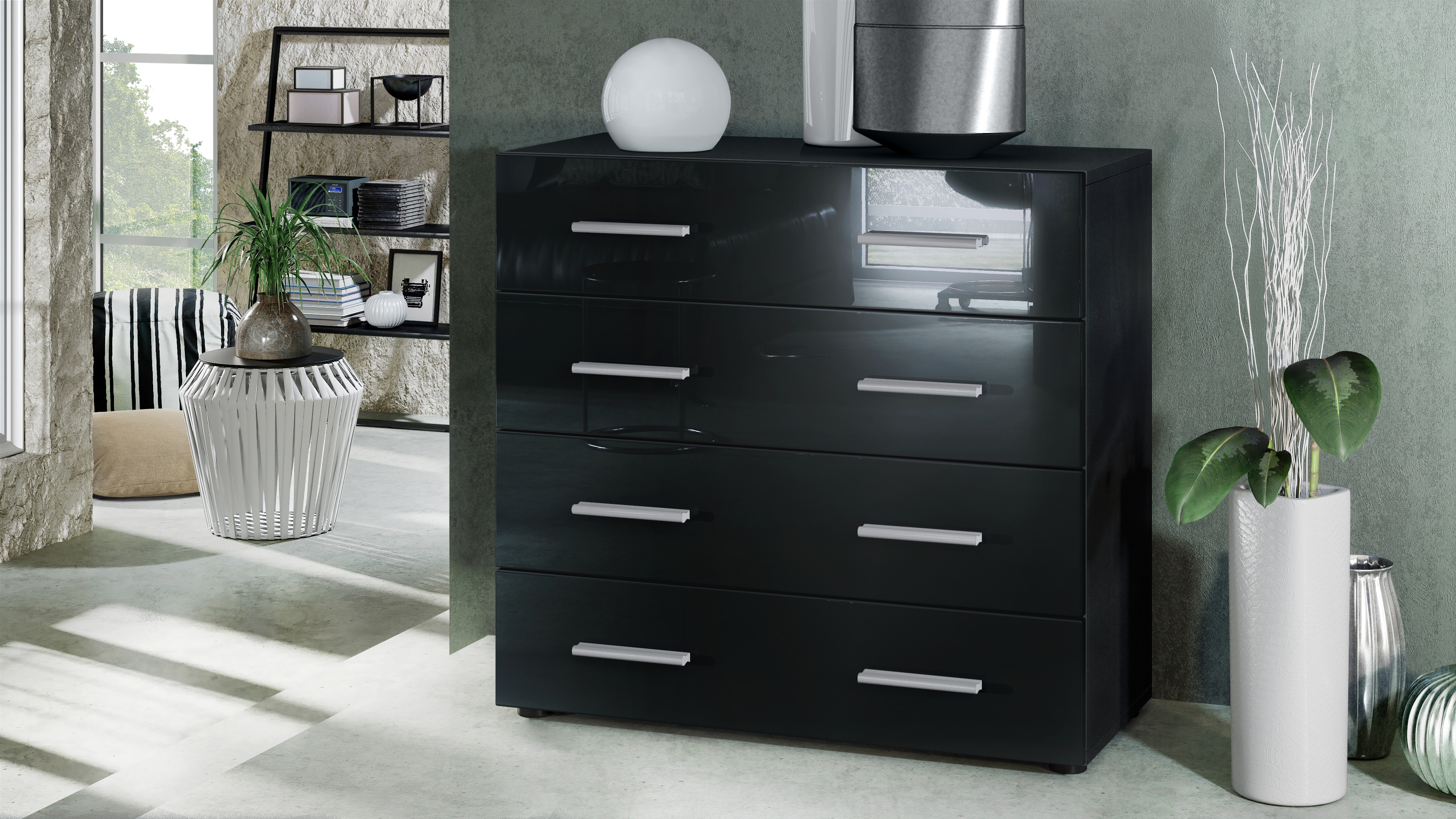 Kommode Pavos V1 ​mit 4 Schubladen Schwarz matt/Schwarz Hochglanz (76 x 72 x 35 cm)